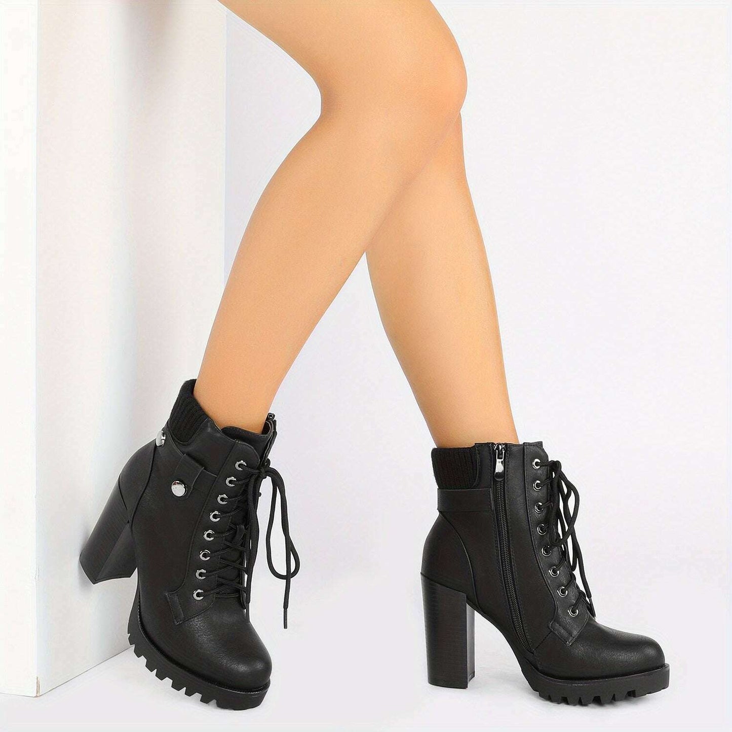 High Chunky Heel Lace-Up Combat Ankle Boots