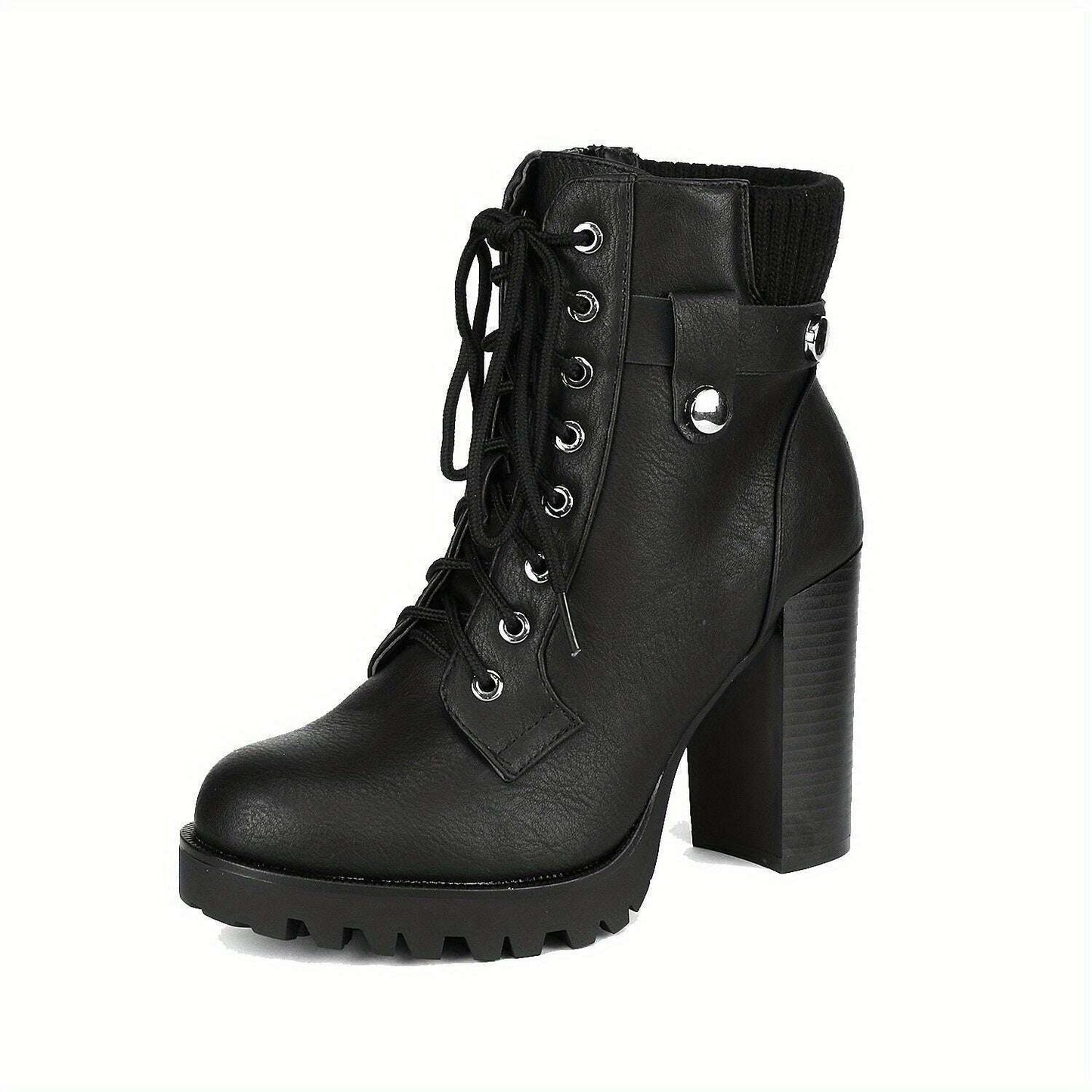 High Chunky Heel Lace-Up Combat Ankle Boots