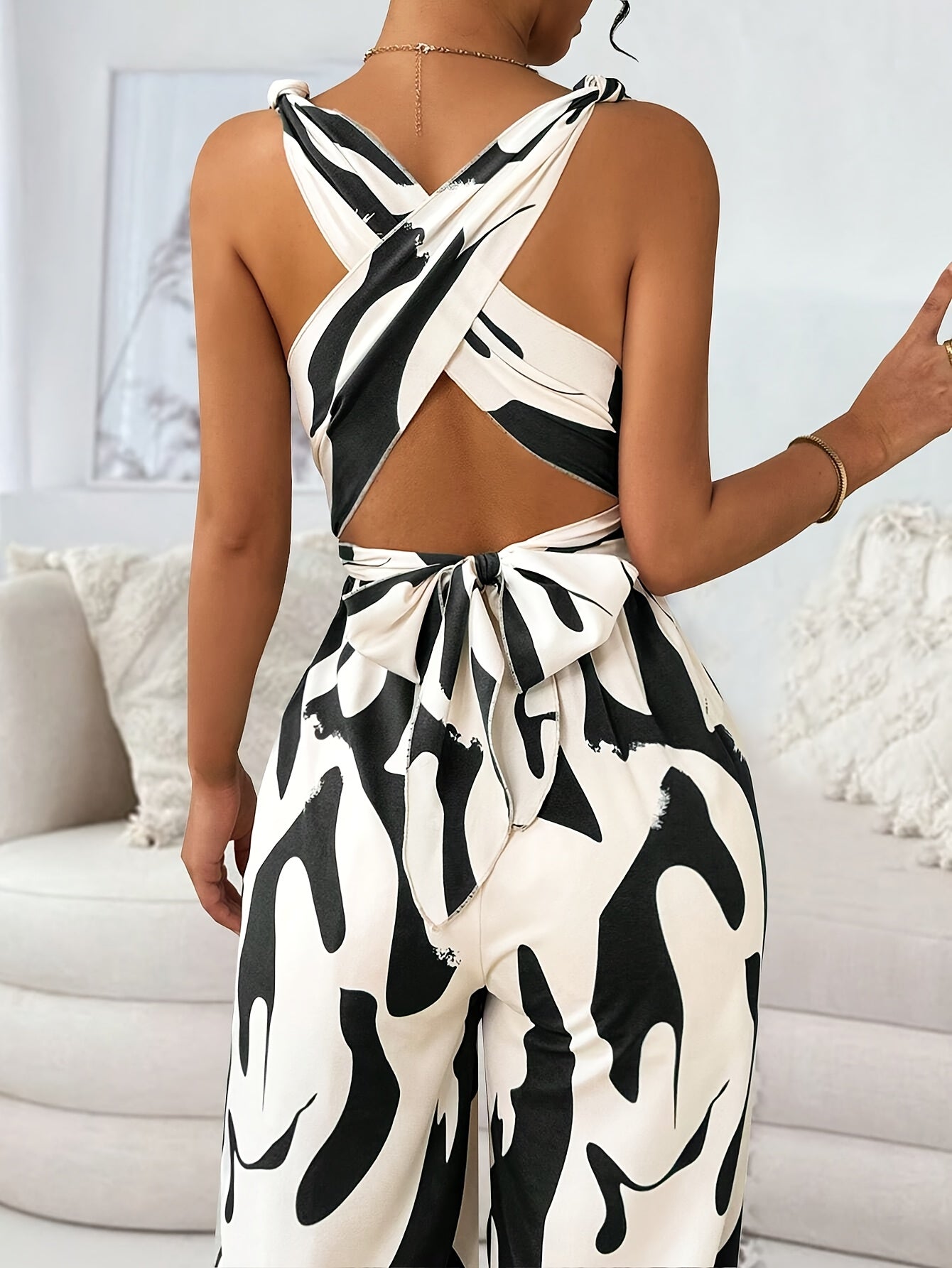 1pc Women'S Fashionable Random Print Backless Jumpsuit