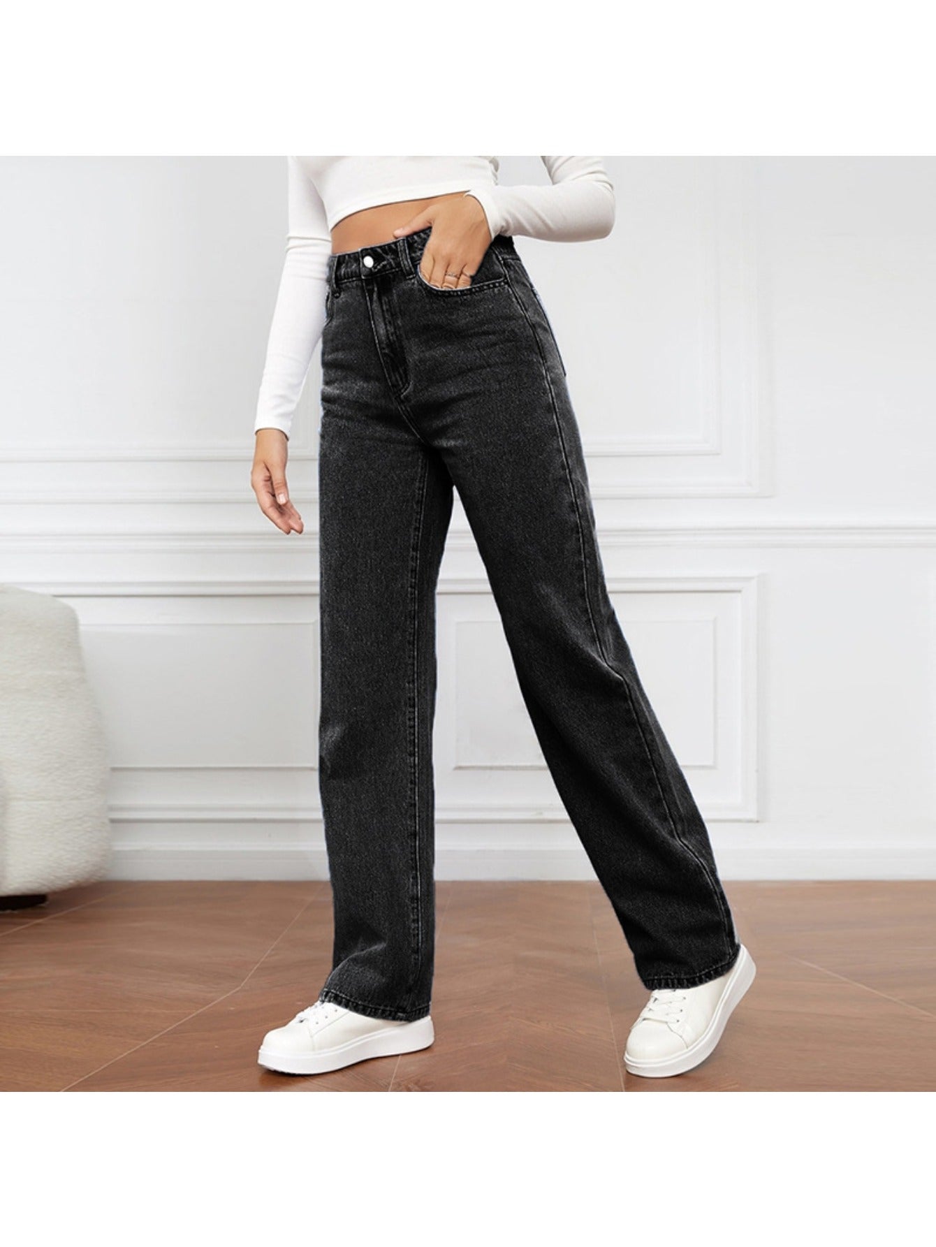 Women's High Waist Stretchy Jeans - Non-See-Through Washed Denim Pants with Straight Leg Fit, Stretchy Fabric for Everyday & Formal Outfits - Machine Washable All-Season Women's Pants, Street Style, Sleek Silhouette, Comforta