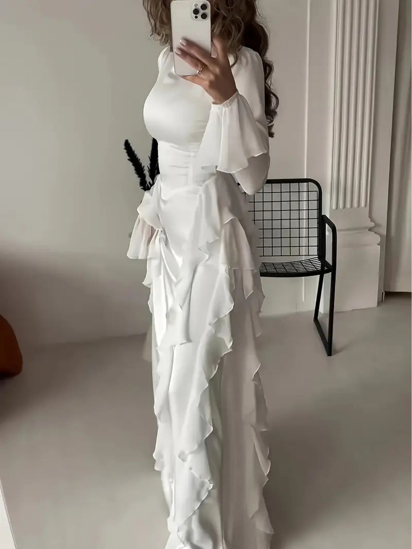 Elegant White Mock Neck Maxi Dress with Bell Sleeves & Ruffle Hem - Fitted Top & Flowy Skirt, Machine Washable Polyester, Non-Stretch, Versatile for Fall Events & All-Season Wear, Formal Event Attire, Nonstretch Material