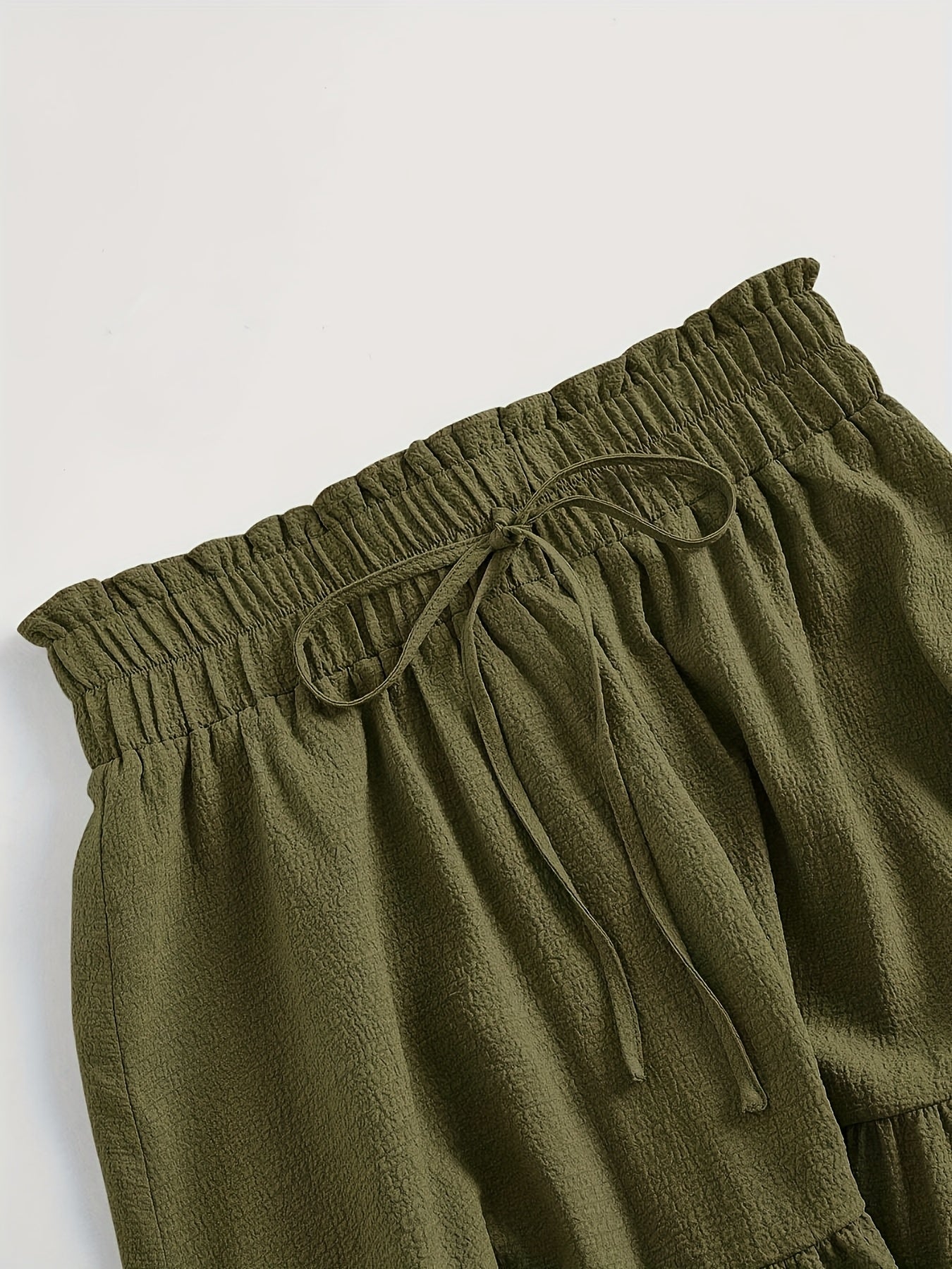 Women'S Two-Piece Solid Color Skirt Set - Black and Olive Green, Casual Style with Drawstring Waist, Elastic Ruffle Hem, Pleated Long Length, All-Season Wear, Casual Attire|Ruffle Hem Skirt|Drawstring Waist Skirt