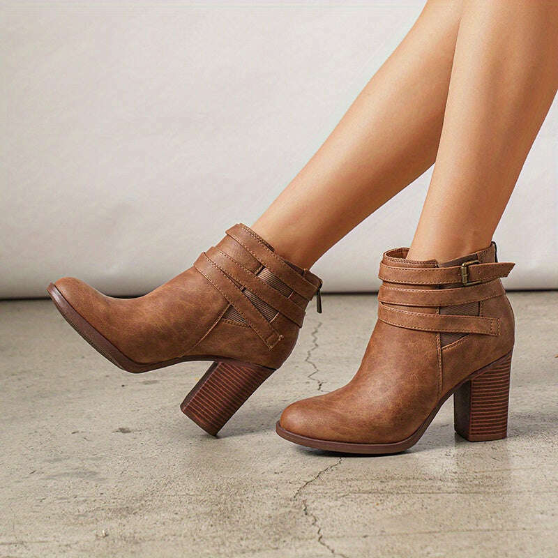 Women's Chunky High Heel Ankle Boots Close Toe Fall Heeled Booties Shoes, Autumn Winter Boots, fit spring, summer, autumn and winter