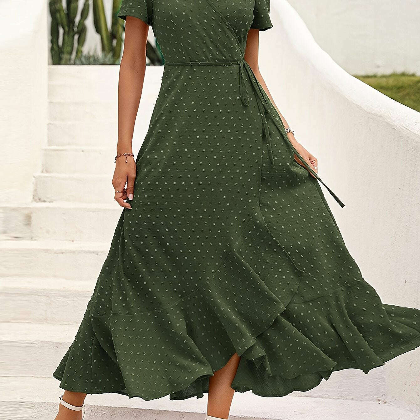 Elegant Women's Swiss Dot Surplice Neck Maxi Dress - D&M Boutique