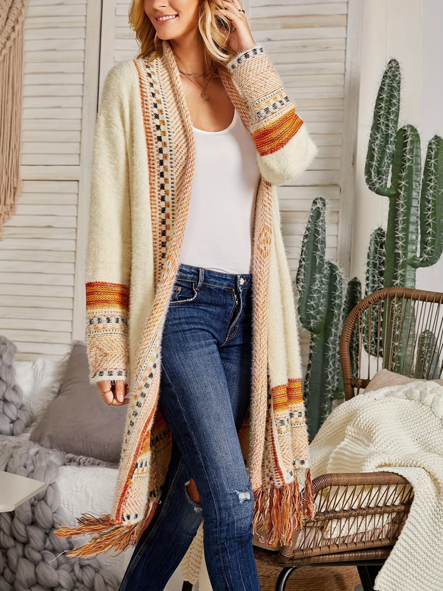 Women Boho Cardigan Sweater Long Open Front Maxi Knit Sweaters Aztec Tribal Tassel Fringe Thin Coat
