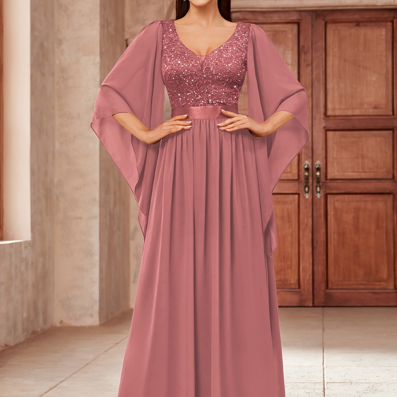 Deep V-Neck Lace Gown – Fit & Flare Sequin Dress