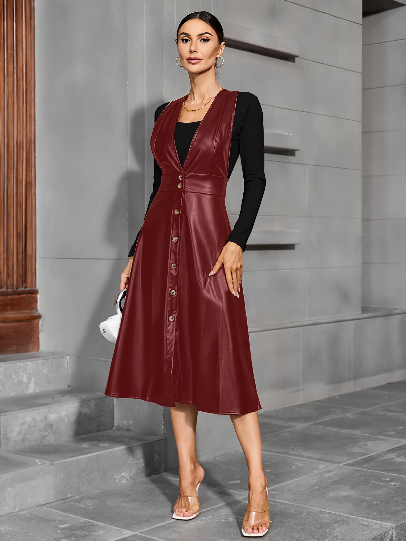 Elegant PU Leather Pencil Dress – Sleek & Stylish Workwear