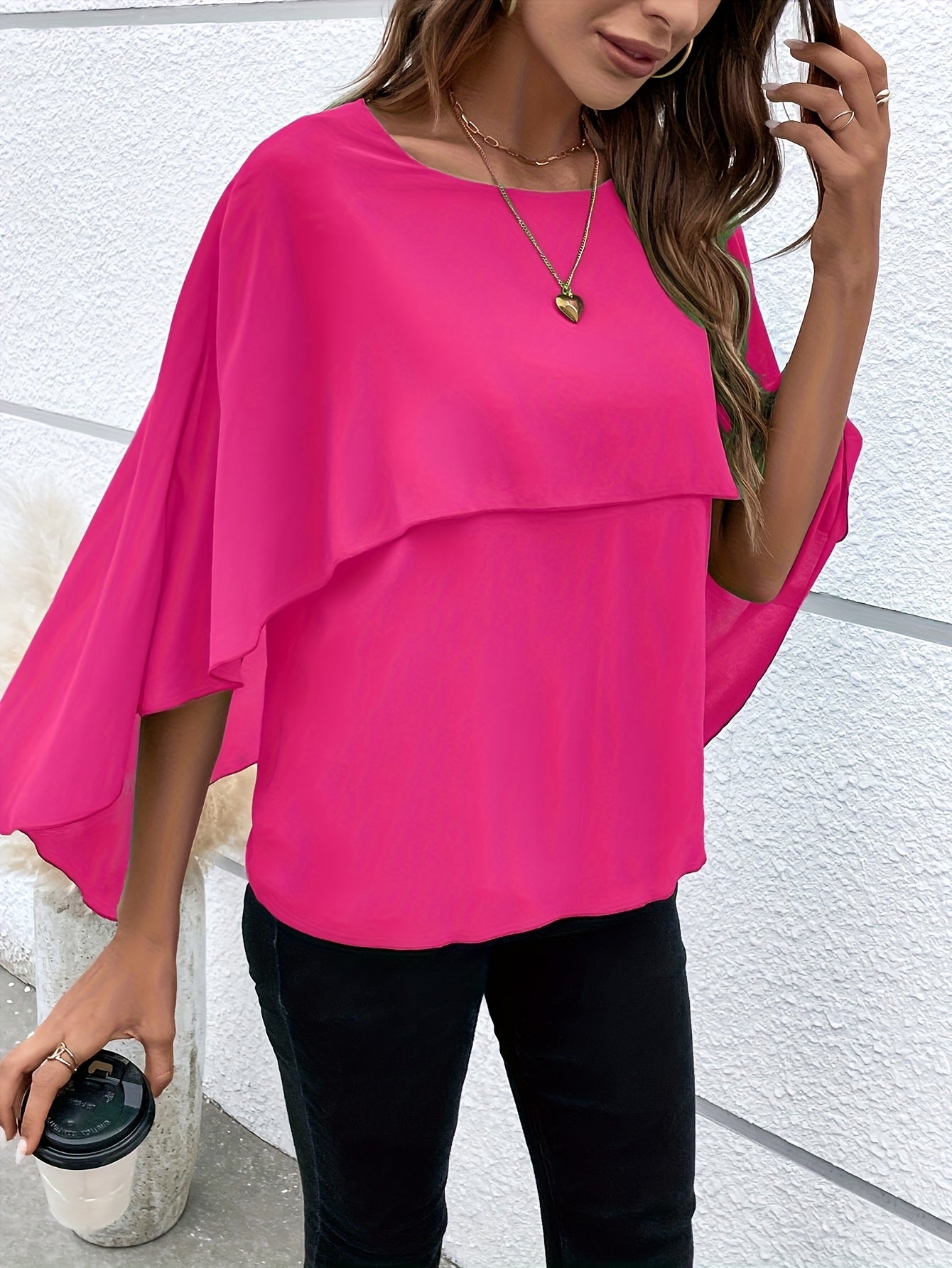 Solid Color Layered Cape Sleeve Shirt, Versatile Round Neck Shirt For Spring And Autumn, Women'S Clothing