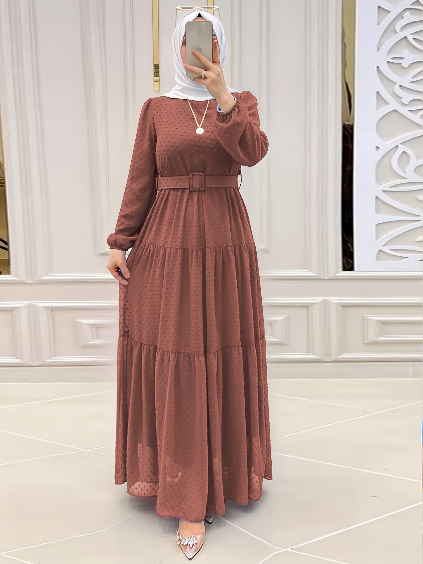 Women's Elegant Muslim Abaya Dress - Soft Pink Islamic Robe with Waist Belt, Flowy Long Dress for Everyday & Special Occasions, Machine Washable Modest Muslim Outfit (No Headscarf Included) - Middle Eastern Formal attire, Mus