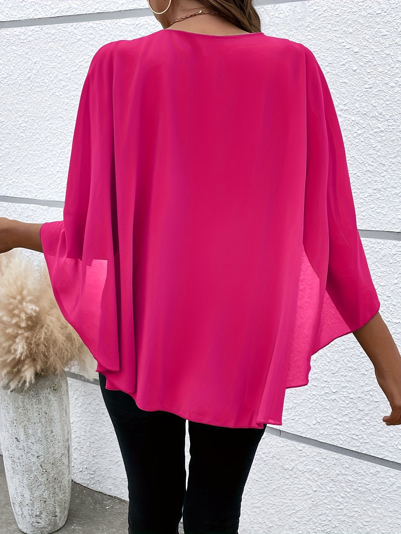 Solid Color Layered Cape Sleeve Shirt, Versatile Round Neck Shirt For Spring And Autumn, Women'S Clothing