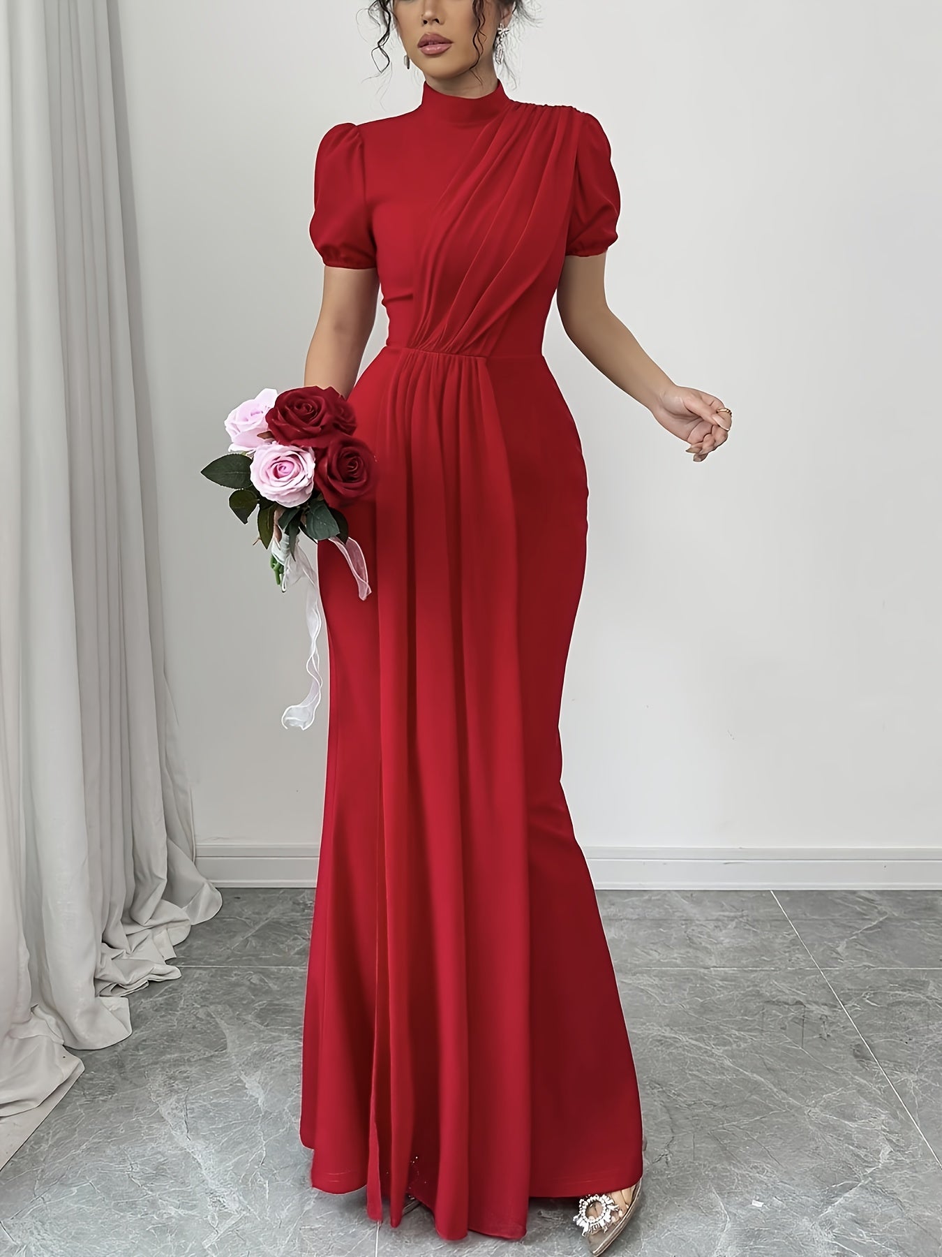 Elegant Red Midi Dress for Women - High Neck, Short Sleeves, Ruched Waist, Flowing Skirt, Perfect for Weddings or Formal Events, Polyester Blend, Machine Washable, Formal Event Attire|Ruched Waist Dress|Polyester Blend Dress