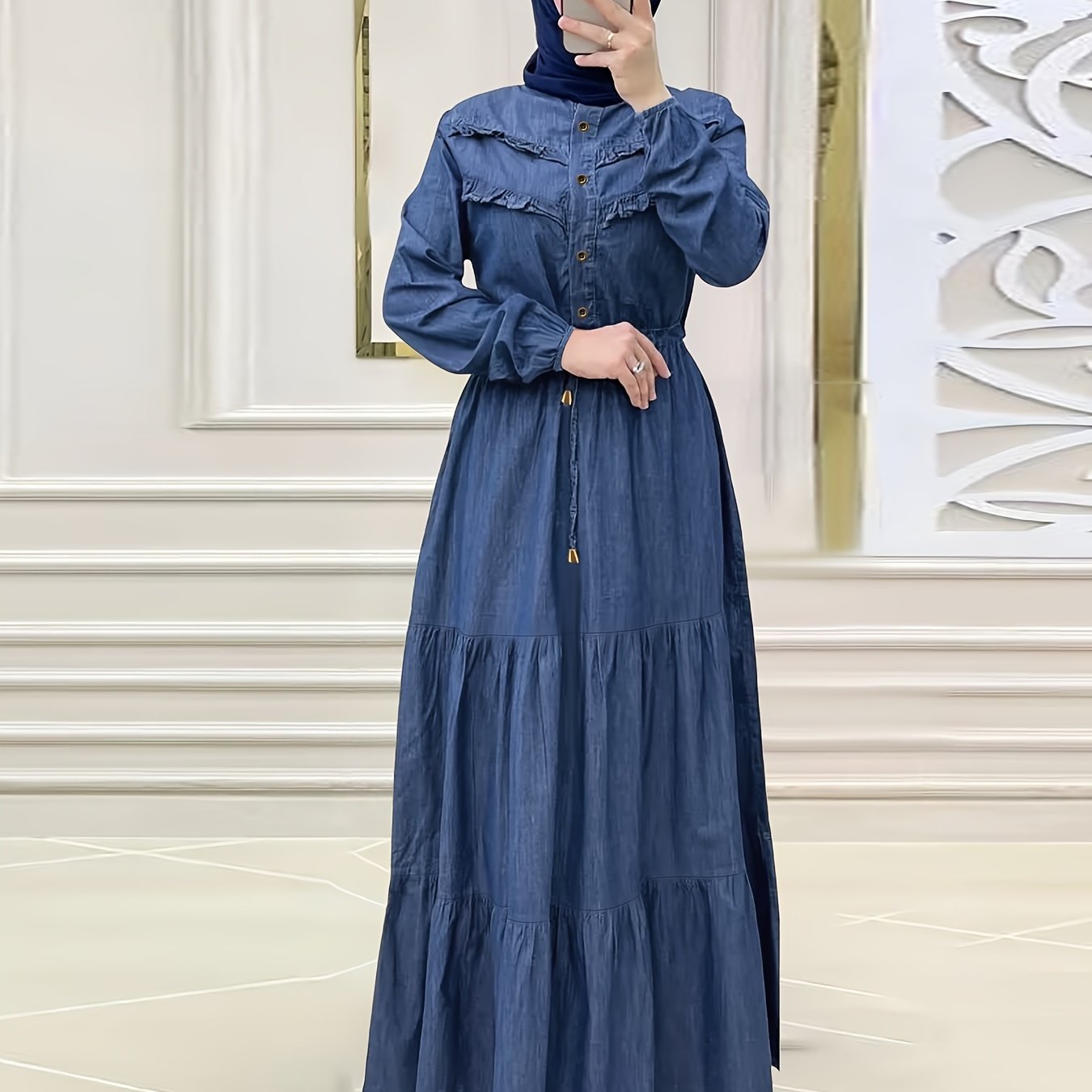 Ramadan Button Front Modest Dress, Elegant Long Sleeve Loose Maxi Dress, Women's Clothing