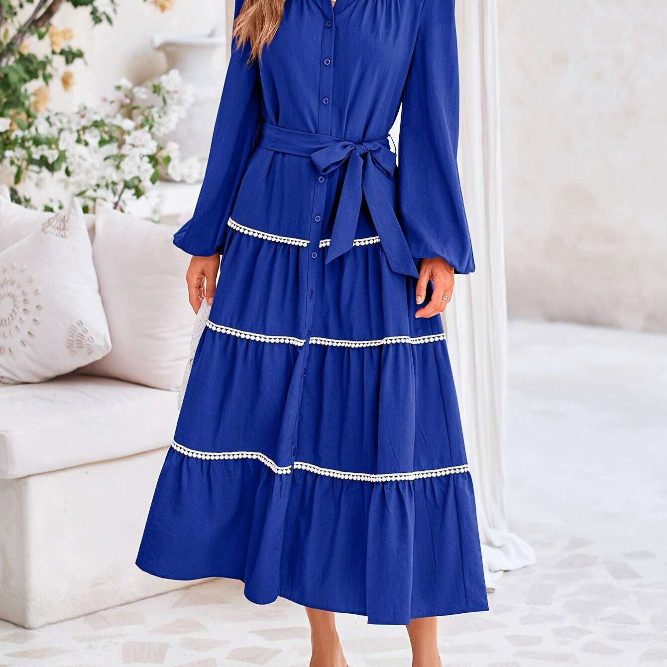 Women'S Spring Casual Dress Loose Drawstring Lantern Sleeve Long Sleeve Tier Dress With Pockets