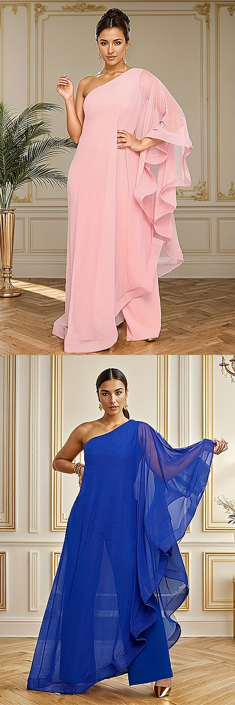 PORRCEY Sexy Single Shoulder Ruffled Sleeveless Solid Color Patchwork Elastic Jumpsuit