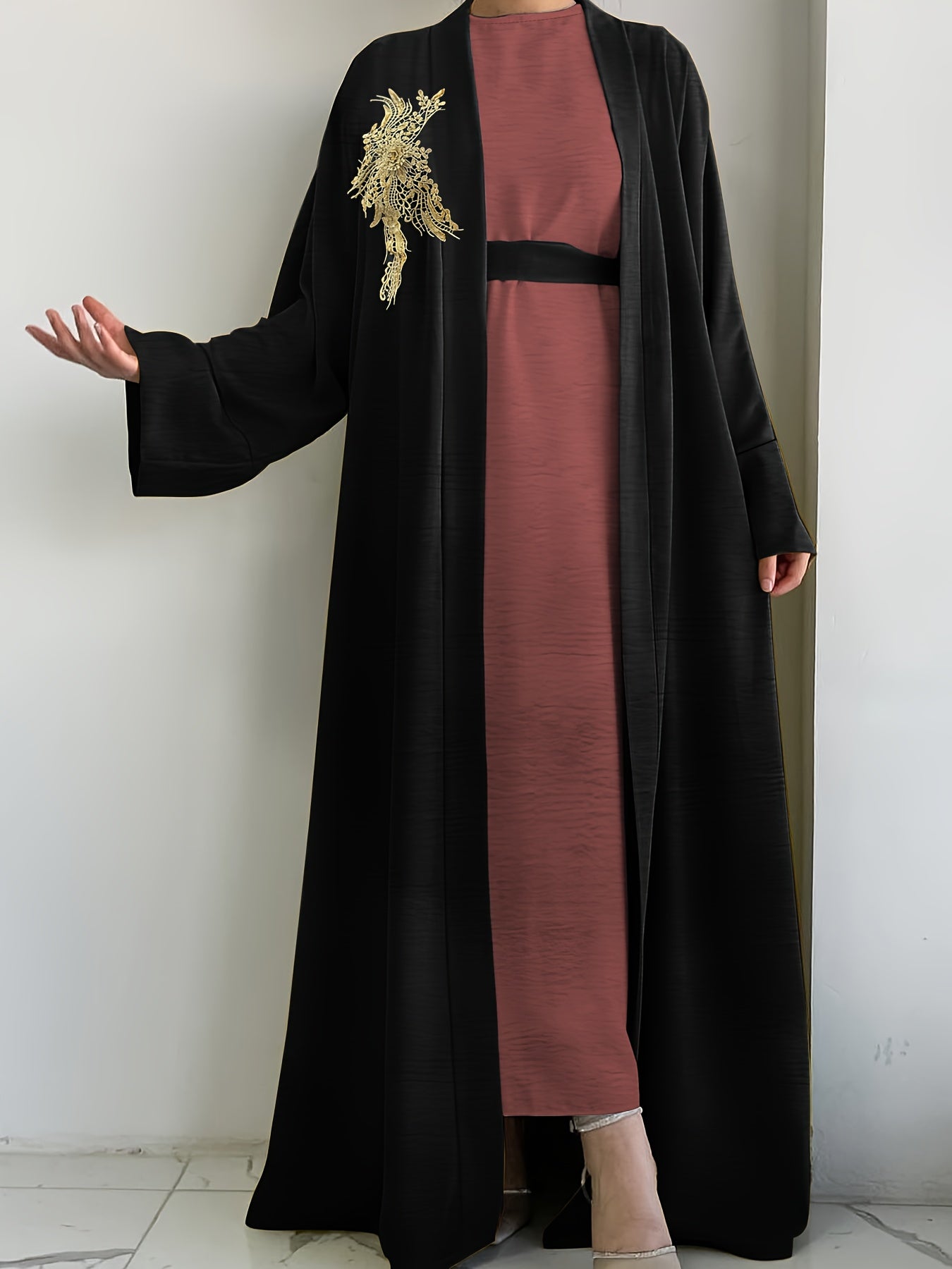 Women'S Casual And Comfortable Middle Eastern Muslim Style Simple Solid Color Sleeveless Long Dress + Simple Solid Color High-End Flower Middle Eastern Muslim Long Cardigan Jacket Two-Piece Set (Excluding Headscarf)