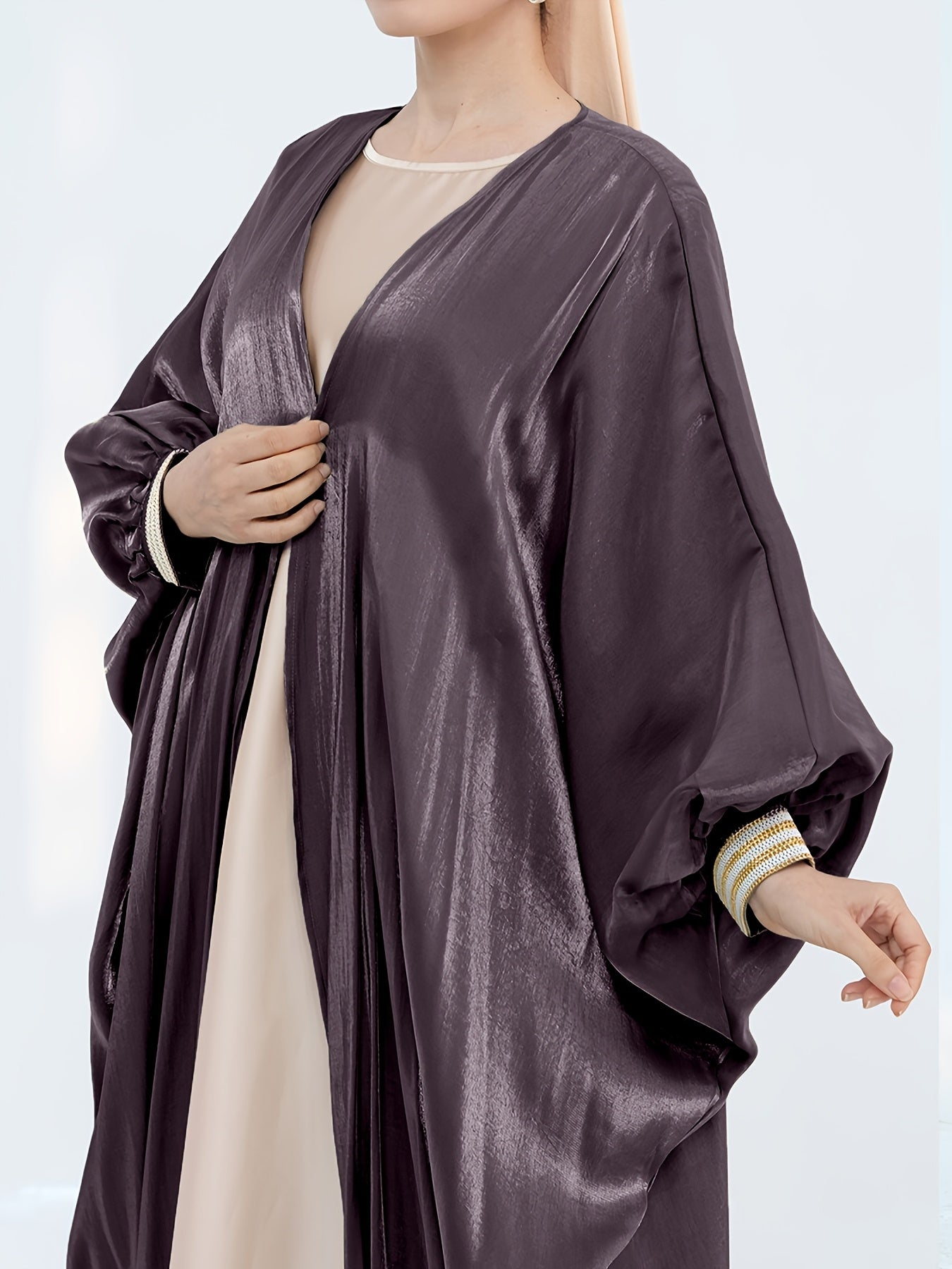 Women'S Reflective Golden & Gray Batwing Sleeve Long Tunic - Long Sleeve, Flowing Design, Perfect for Spring/Summer, Stylish Layering Piece, Summer Fashion | Flowing Tunic | Glossy Finish