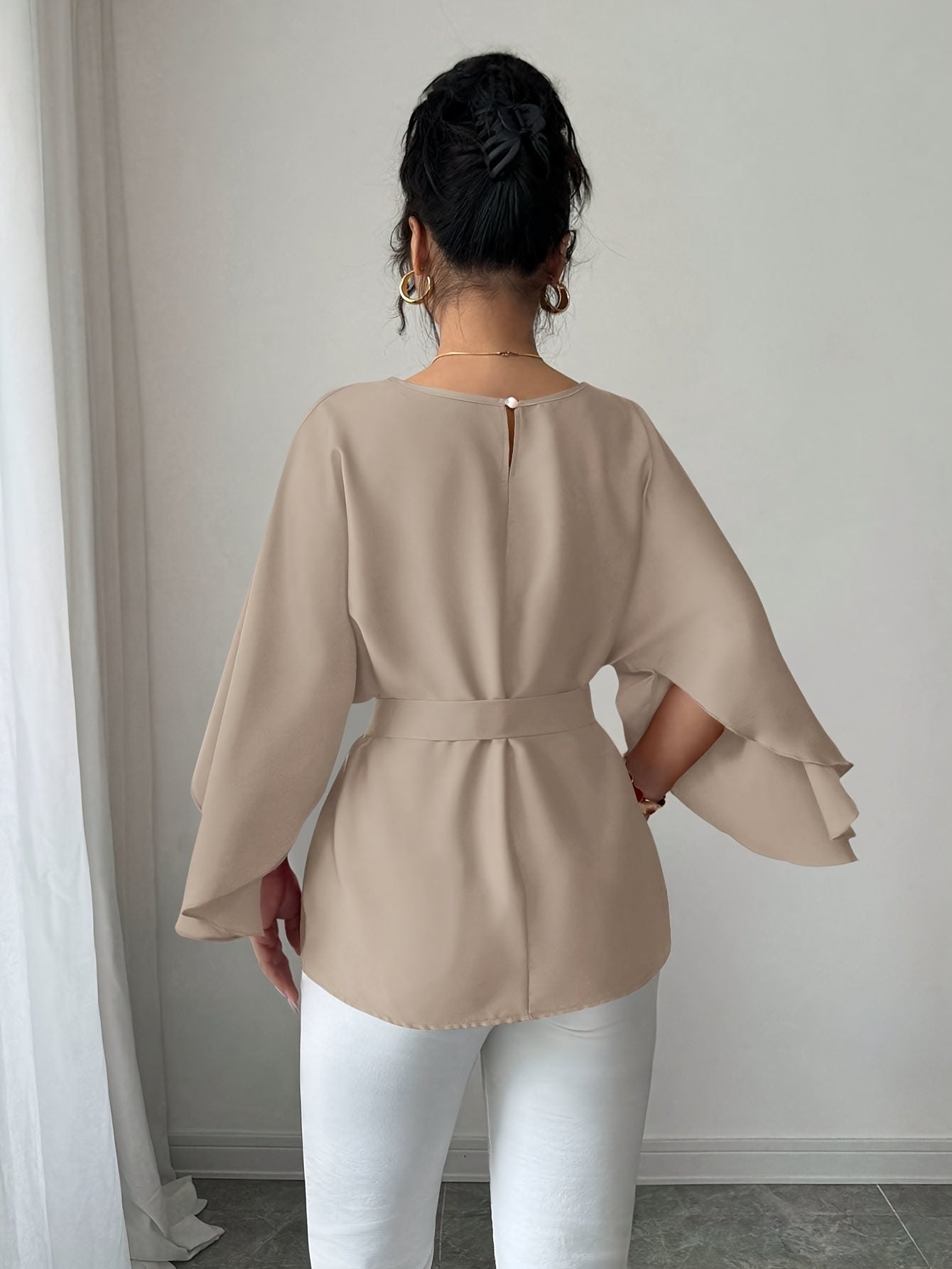 Red Women's French Blouse - Elegant Batwing Sleeves, Belted Waist, Non-See-Through Fabric for Formal & Everyday Outfits - Spring/Autumn Blouse, Lightweight Material, Smooth Texture Top, Round Neck Design, Casual Chic Top, Pro