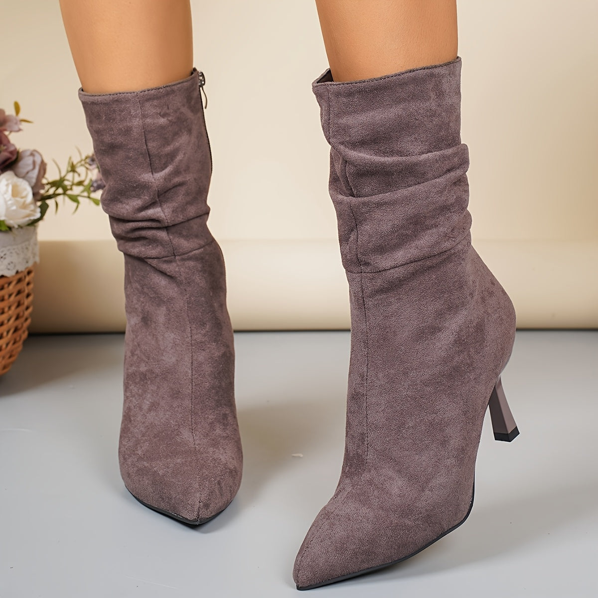 Women's Plus Size Chic Pointed Toe Boots - Slip-resistant Rubber Sole, Elegant Side Zipper Closure, Soft Fabric Lined Interior - Brown Formal & Everyday Boots for Women, Professional Footwear