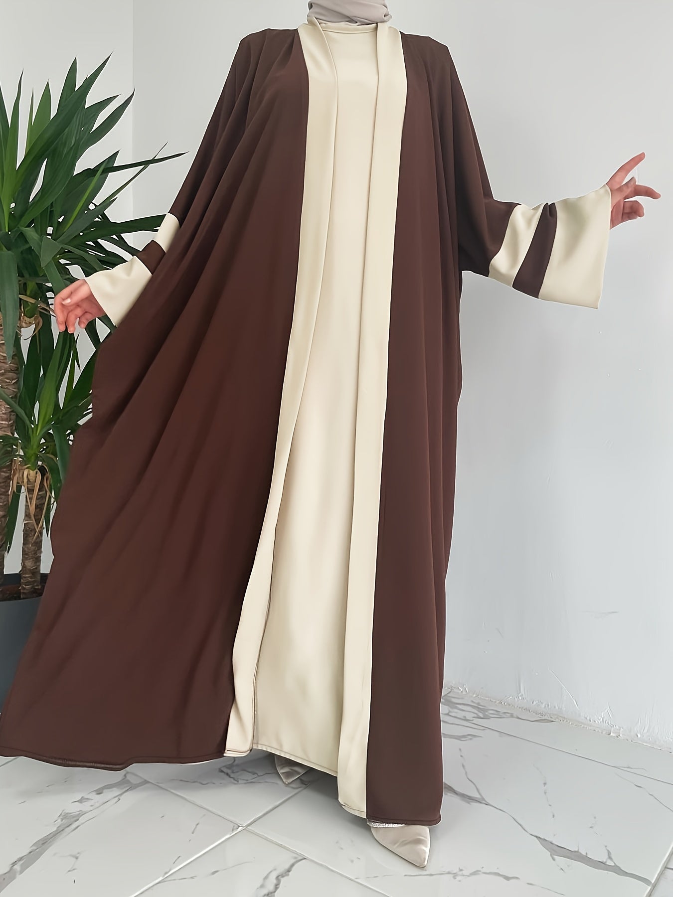 Women'S Middle Eastern Muslim Minimalist Solid Color Long Sleeveless Vest Dress + Contrast Color Long Cardigan Jacket Casual Fashion Party Vacation Versatile Two-Piece Set, Elegant Style, All-Season Wear, Modest Apparel, Eleg