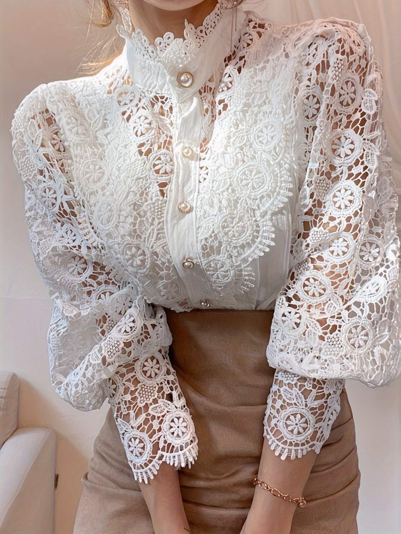 French Loose Chic Buttons, Heavy Lace, Cut-Out Floral Panels