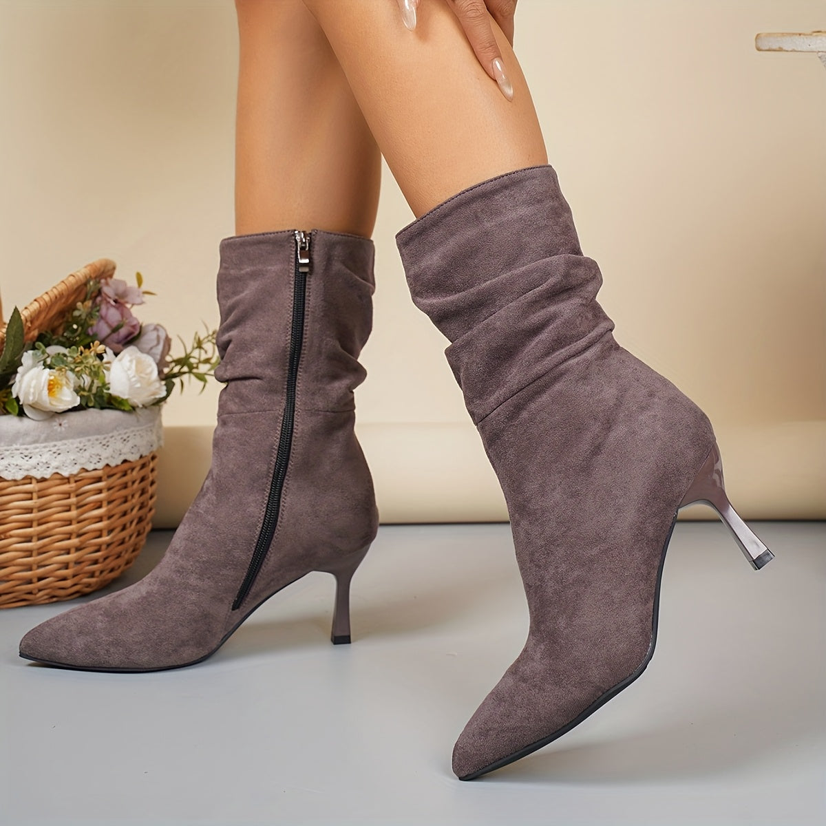 Women's Plus Size Chic Pointed Toe Boots - Slip-resistant Rubber Sole, Elegant Side Zipper Closure, Soft Fabric Lined Interior - Brown Formal & Everyday Boots for Women, Professional Footwear