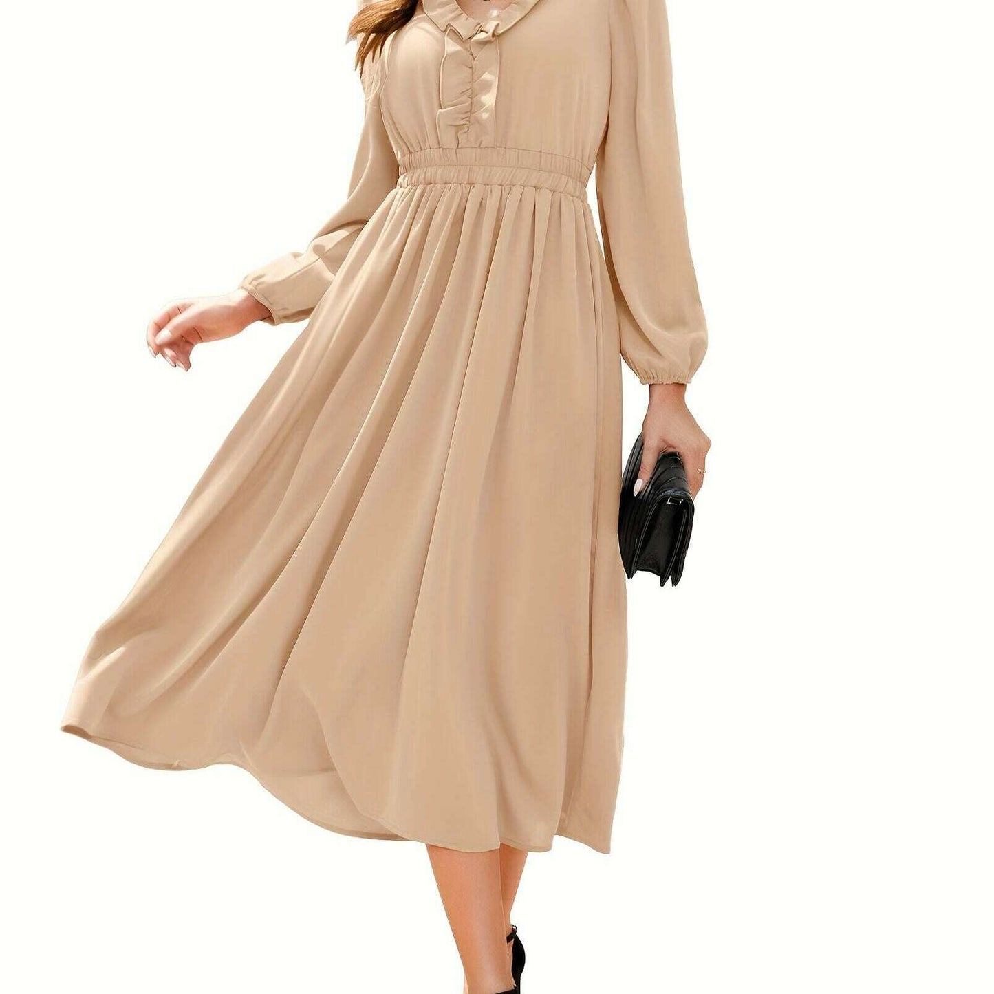 Long Sleeve Elegant Party Dress with Pleats & Ruffles - D&M Boutique
