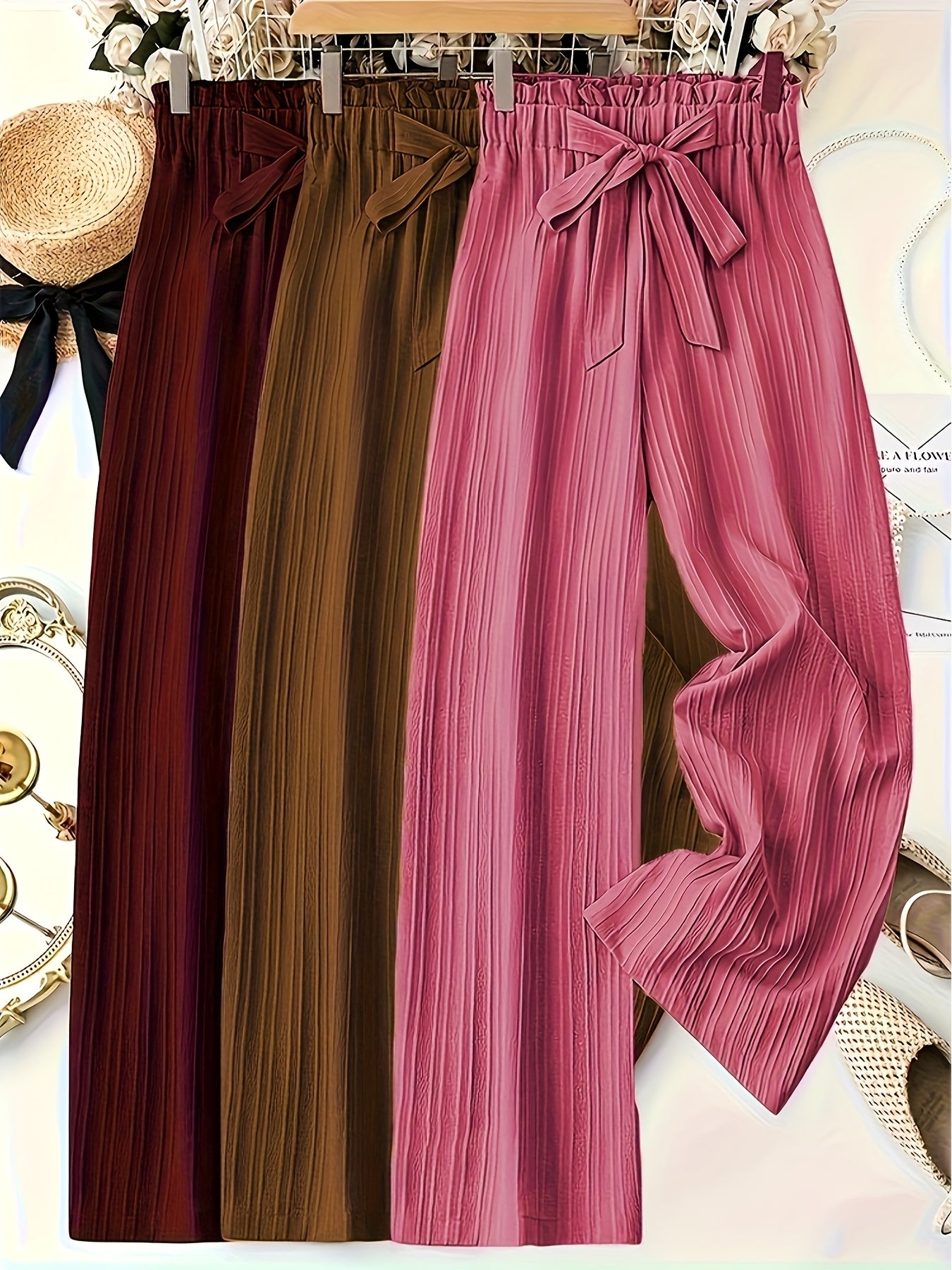 3pcs Women'S Elegant Solid Color Striped Long Pants with Bow Detail - Comfortable Loose Fit, Elastic Waistband, Perfect for Spring & Summer Casual Wear