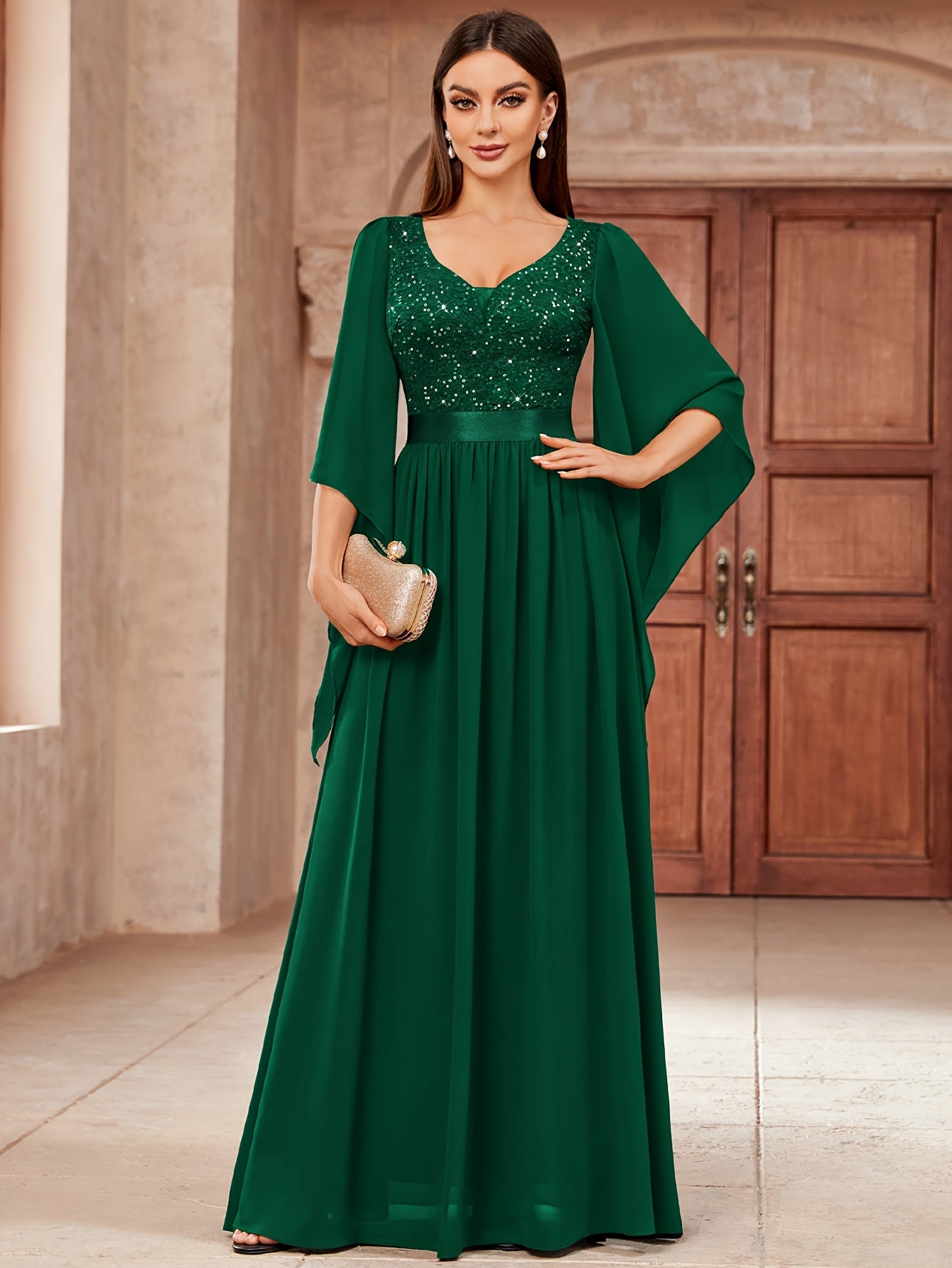 Deep V-Neck Lace Gown – Fit & Flare Sequin Dress