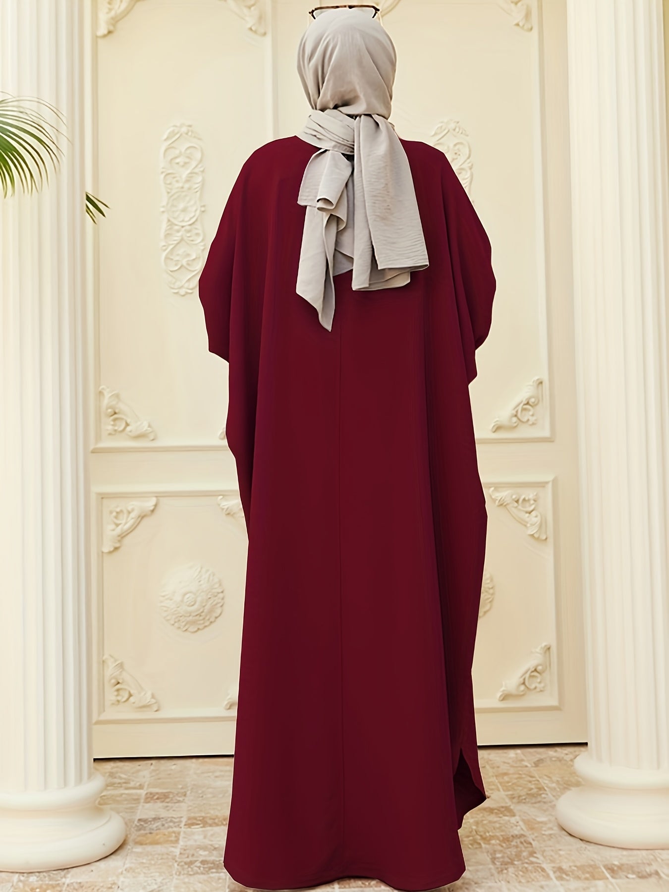 Ramadan Modest Batwing Sleeve Kaftan Dress - Solid Black Loose Fit Maxi Dress with Slit Hem & Button Front, Non-Stretch Fabric for Women, All-Season Versatile Abaya