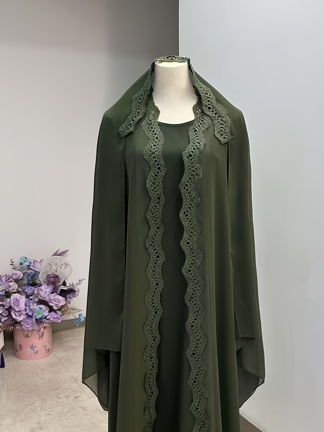 3pcs Middle Eastern Abaya Robe Set - Modest Long Sleeve Lace-Trimmed Abaya with Headscarf, Solid Color, Non-Stretch Fabric, Regular Sleeve, All-Season Wear, Loose Fit, H-Line Silhouette, Islamic Fashion, Modest Apparel | Lace