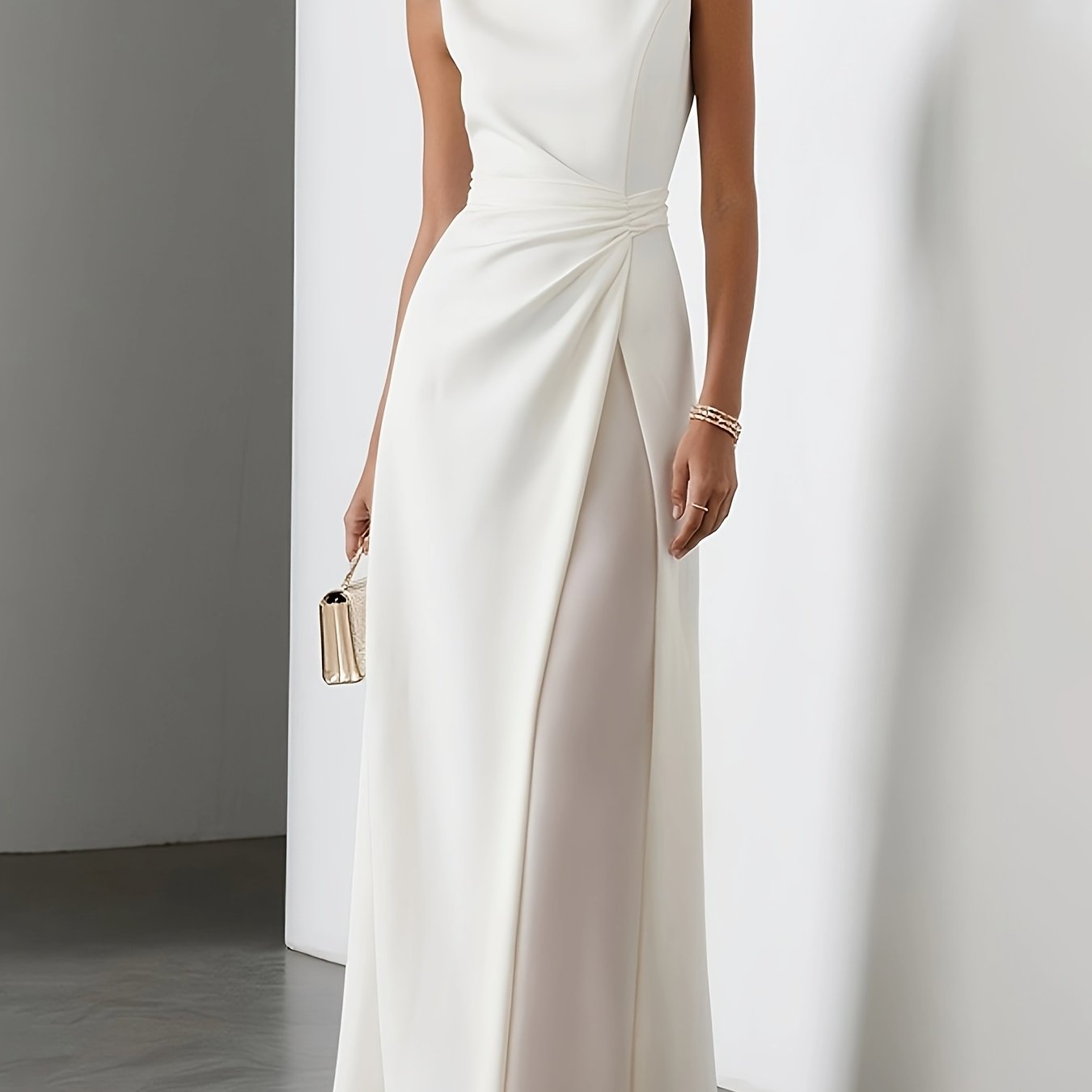 Sleeveless Gauze Pleated Solid Color Split-Joint Round-Neck Evening Dresses Maxi Dresses