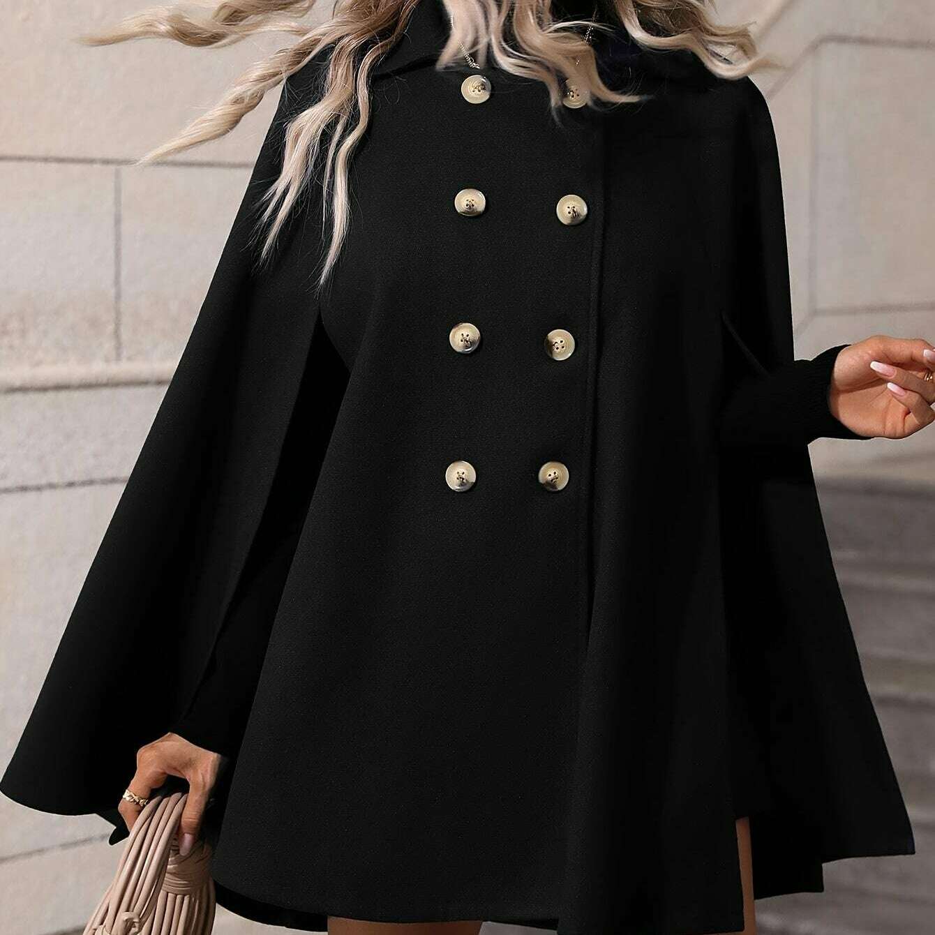 Elegant Double-Breasted Cape Sleeve Coat for Women