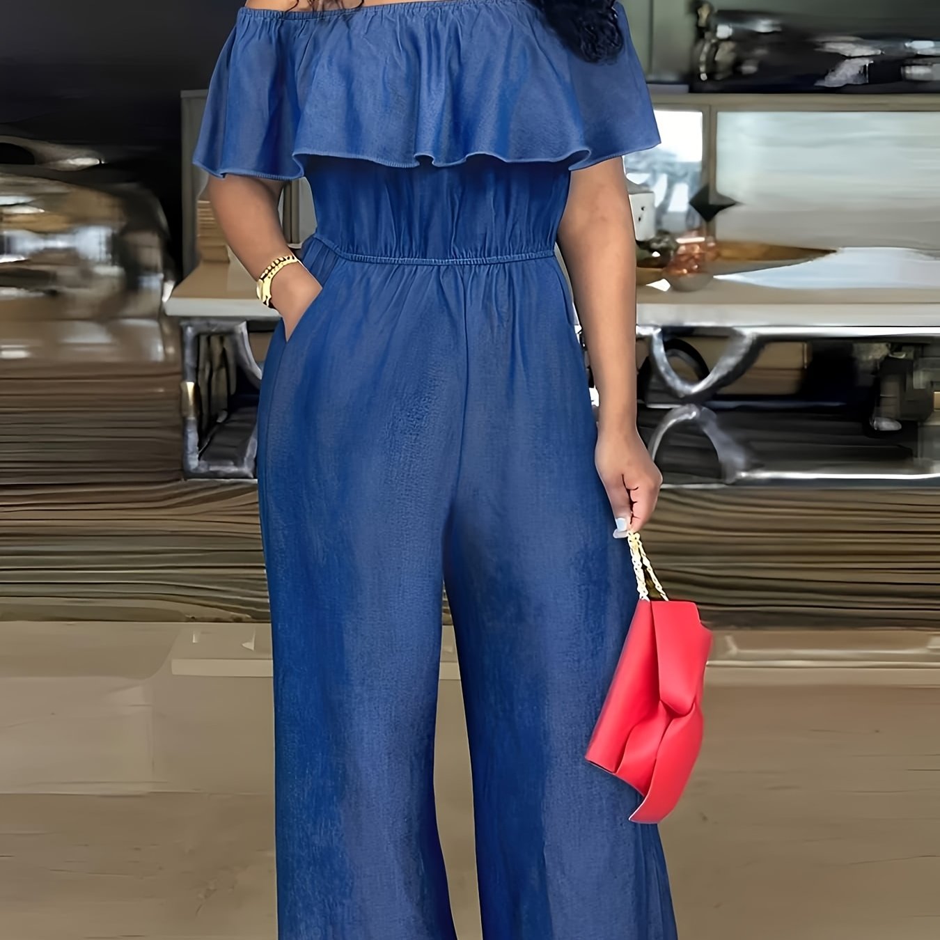 SCACTO Women'S Elegant Off-Shoulder Tie Waist Jumpsuit - Wide Leg Long Pants Romper with Ruched Detail, Solid Color Spring/Fall Fashion, Versatile for Casual or Formal Occasions, Evening Wear, Offshoulder Design, Sophisticate