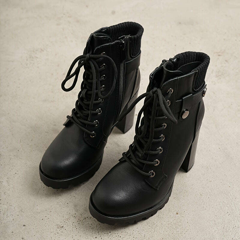 Women's Lace Up Combat Ankle Boots, High Chunky Heel Fashion Heeled Booties Shoes