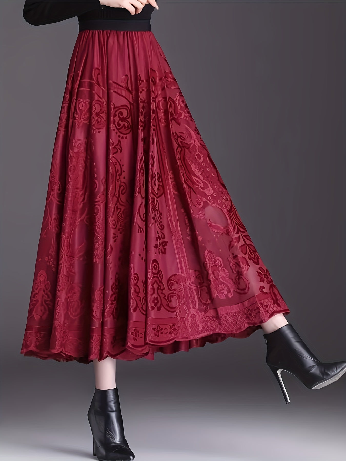 Elegant Floral Lace A-Line Midi Skirt – High Waist