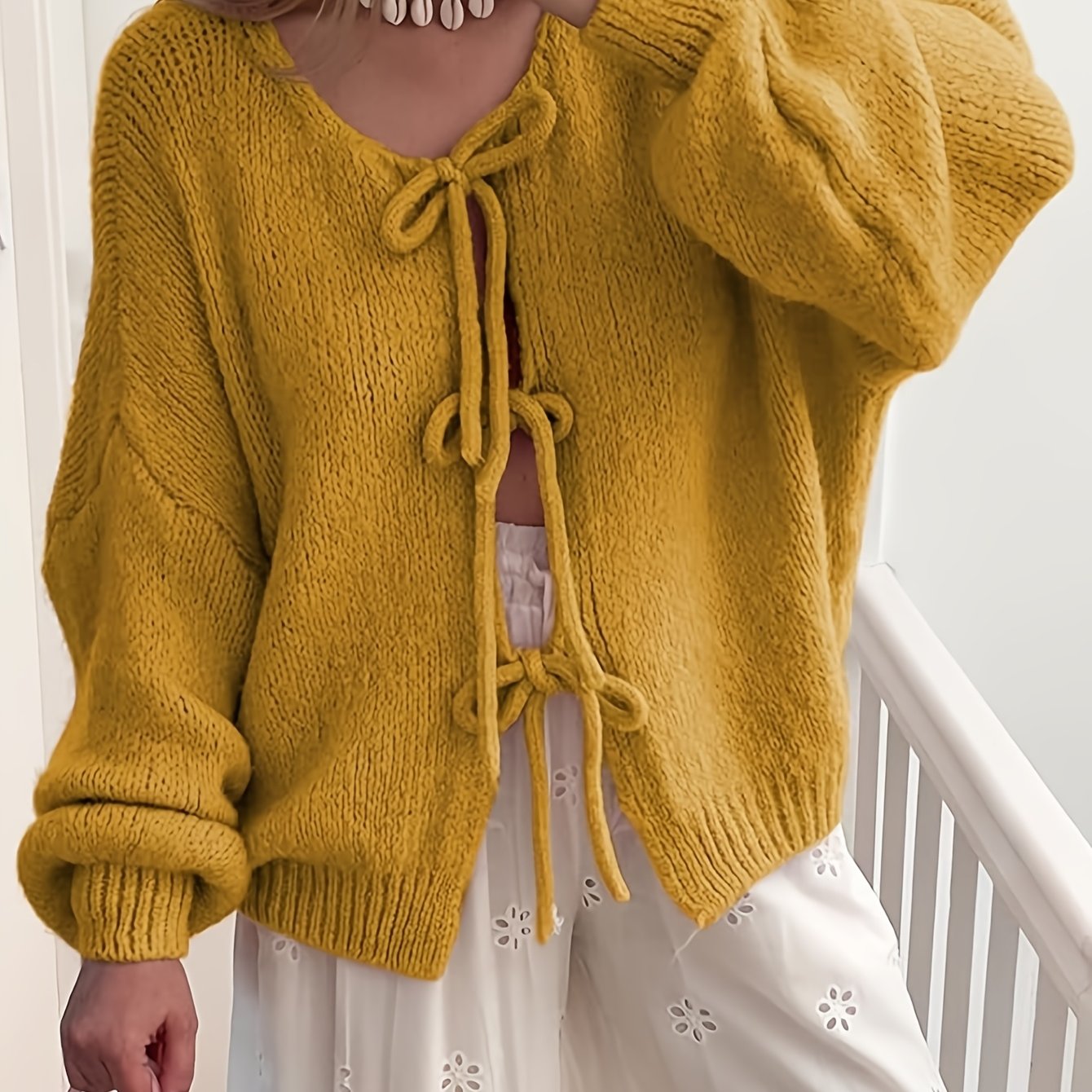 Women'S Oversized Bowtie Knit Sweater Cardigan With Y2K Vibe Long Sleeves V Neck Open Front Casual Wear