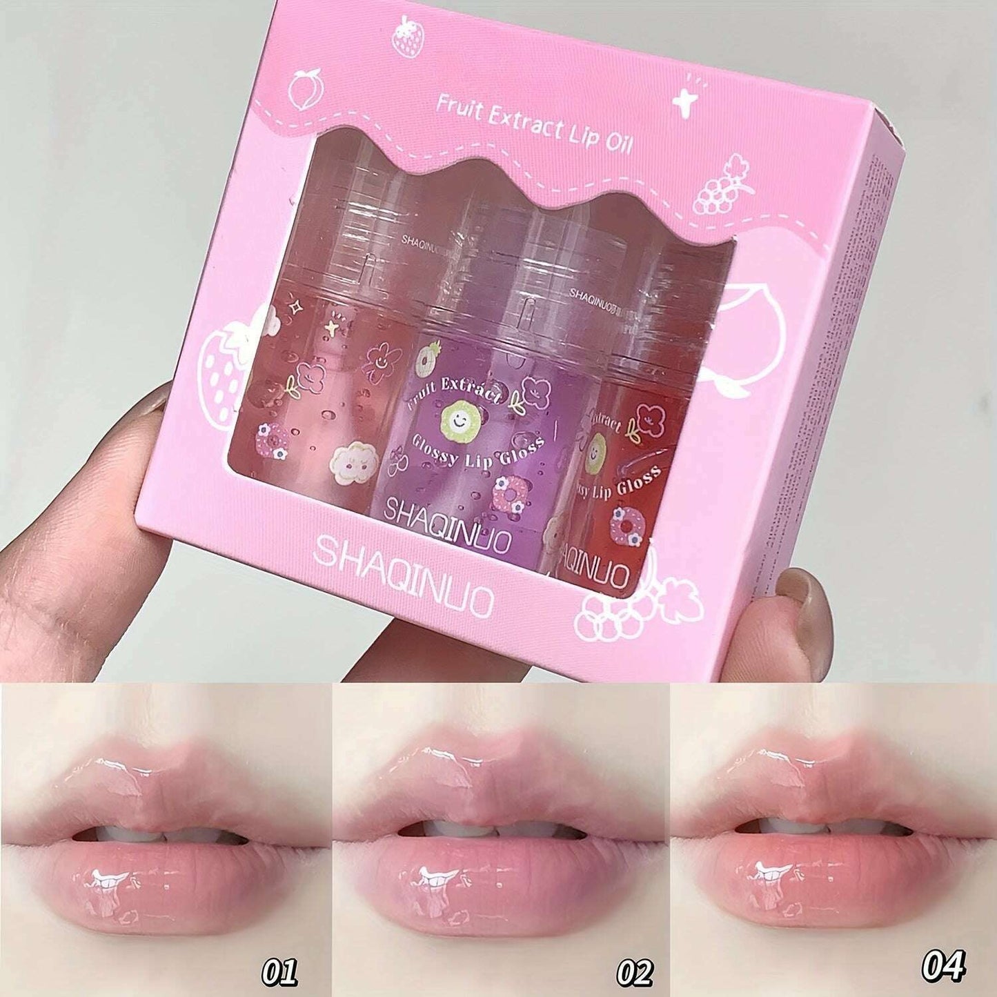 Three-Piece Fruit Essence Lip Oil Set: Plump & Moisturizing