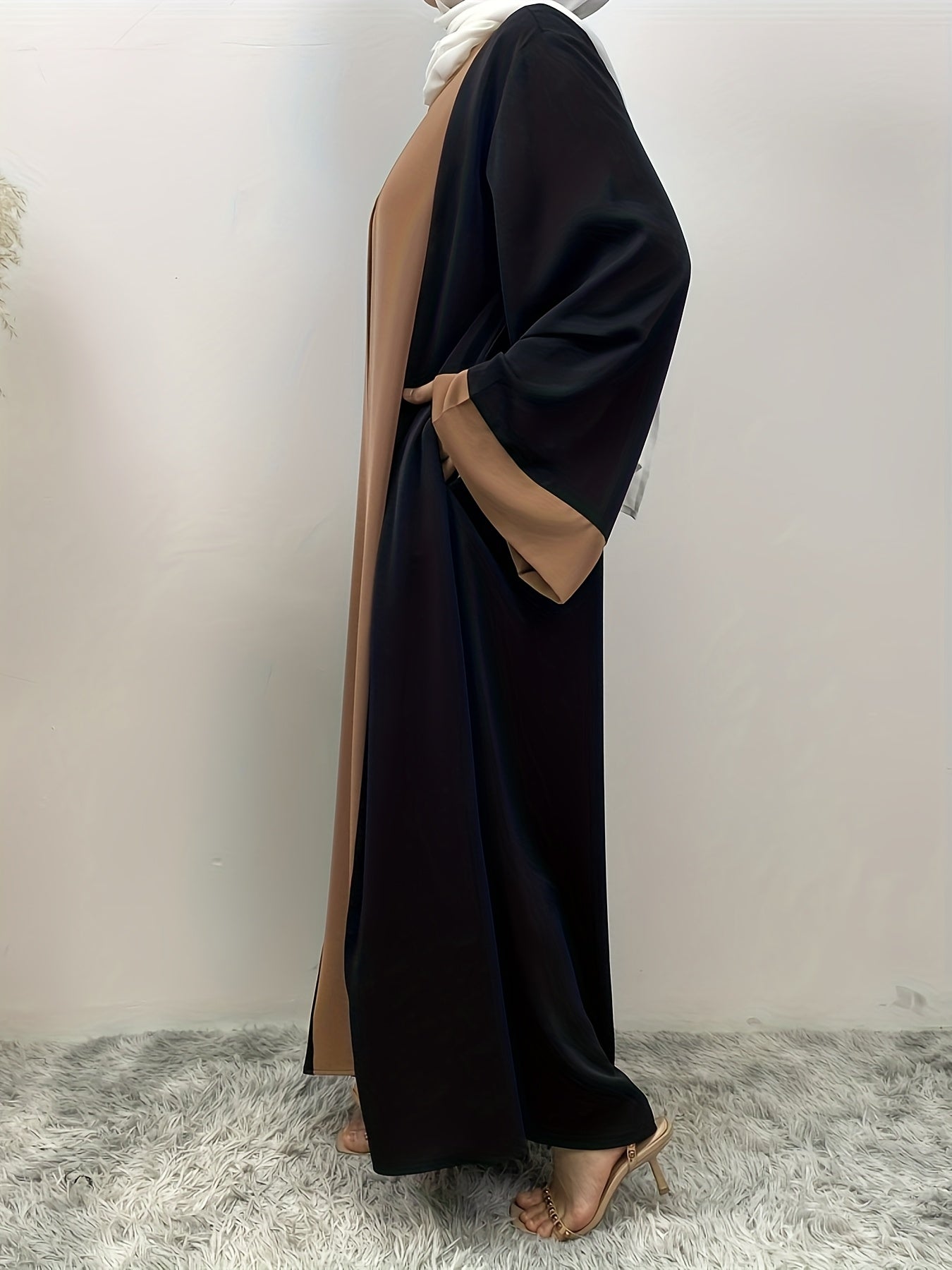 Elegant Abaya Faux Two Pieces Design, Solid Color, Long Sleeve, Kimono, Polyester, Woven, 160G/M², with Pocket, for Muslim, Spring/Fall