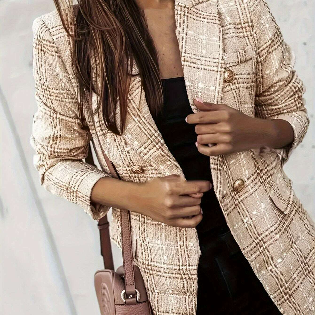 Elegant Plaid Tweed Double-Breasted Blazer for Women
