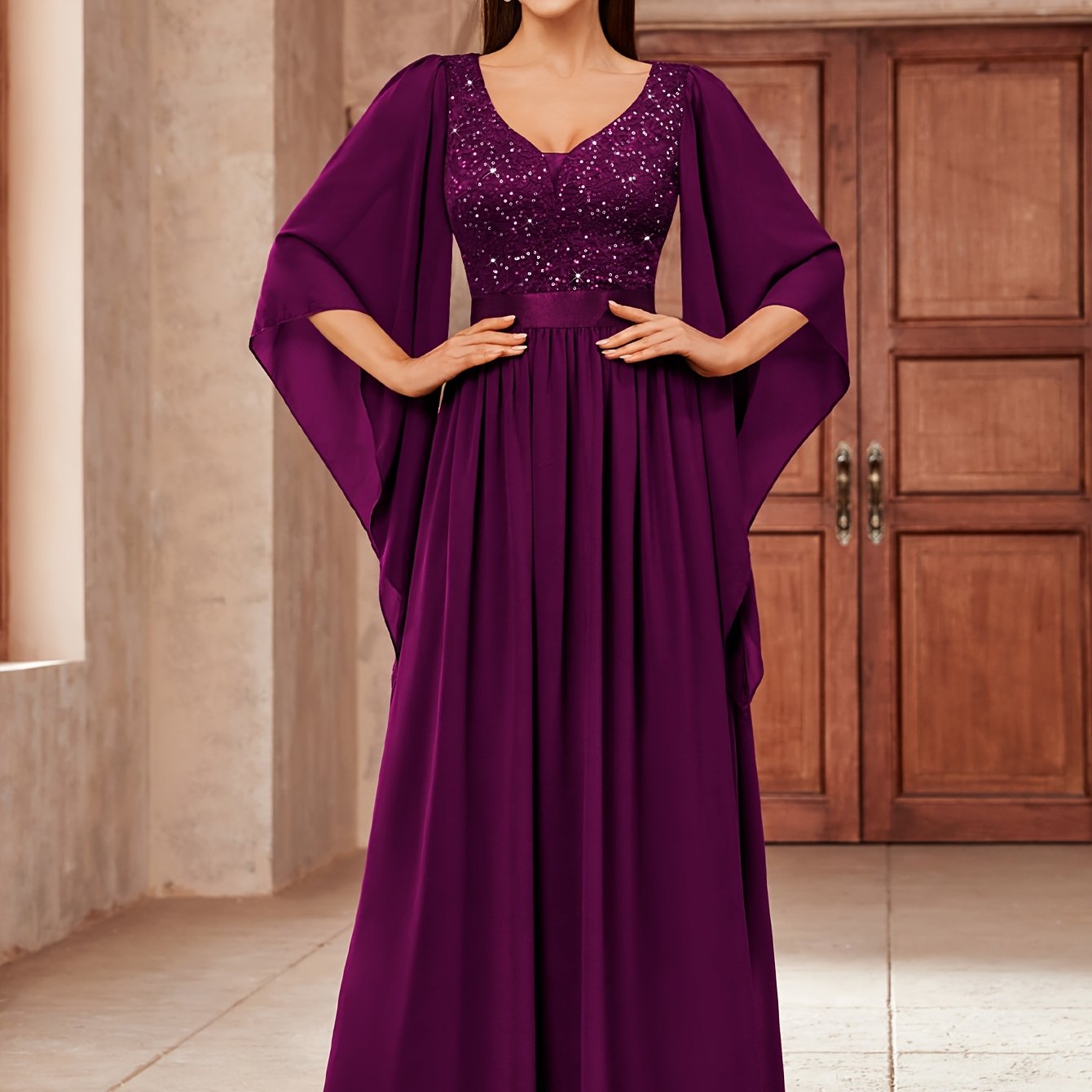 Deep V-Neck Lace Gown – Fit & Flare Sequin Dress