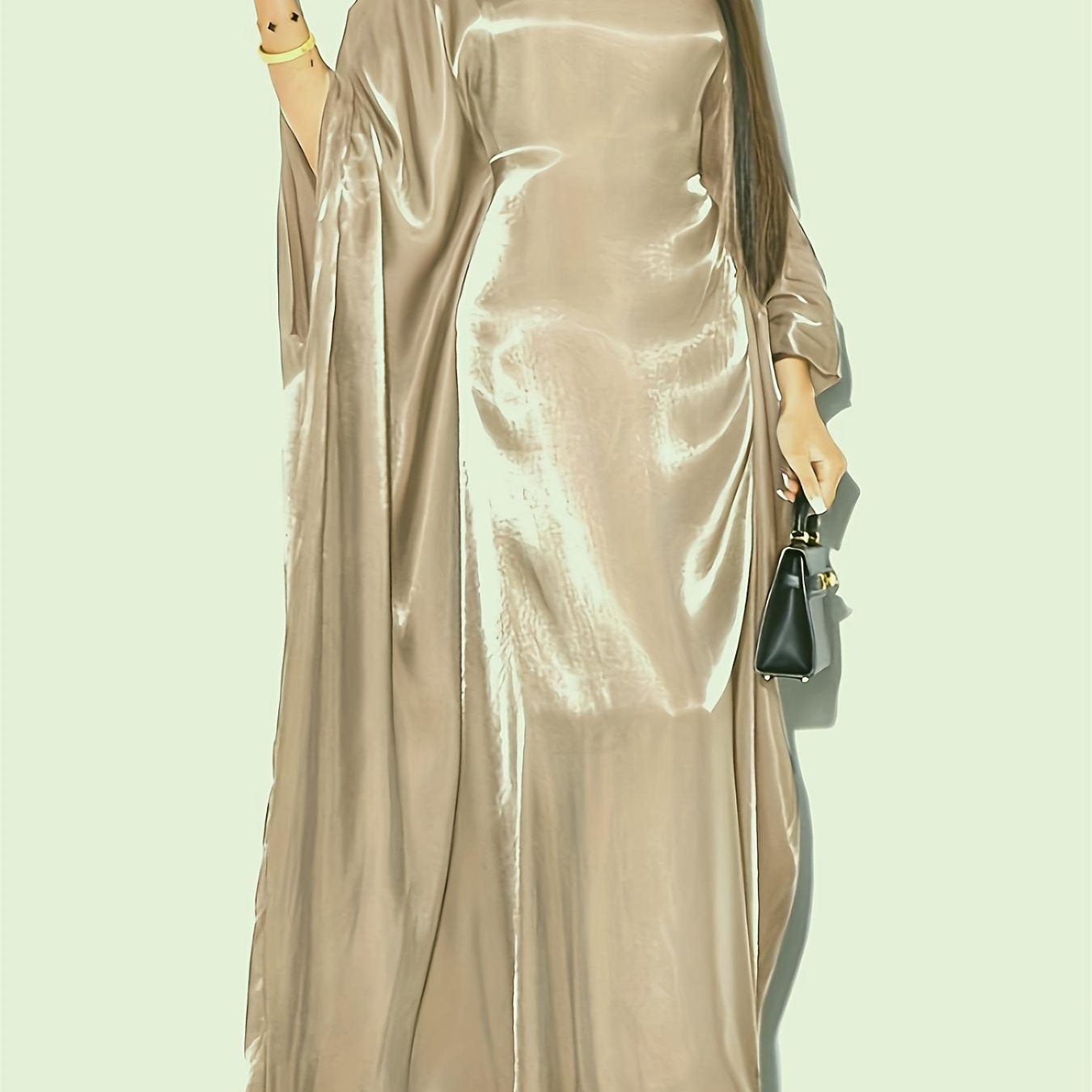Elegant Sparkling Metallic Abaya for Women - One Size, Long Sleeve, Round Neck with Side Slit, All-Season Flowing Maxi Dress, Casual Wear|Shimmering Abaya| Flowing Design