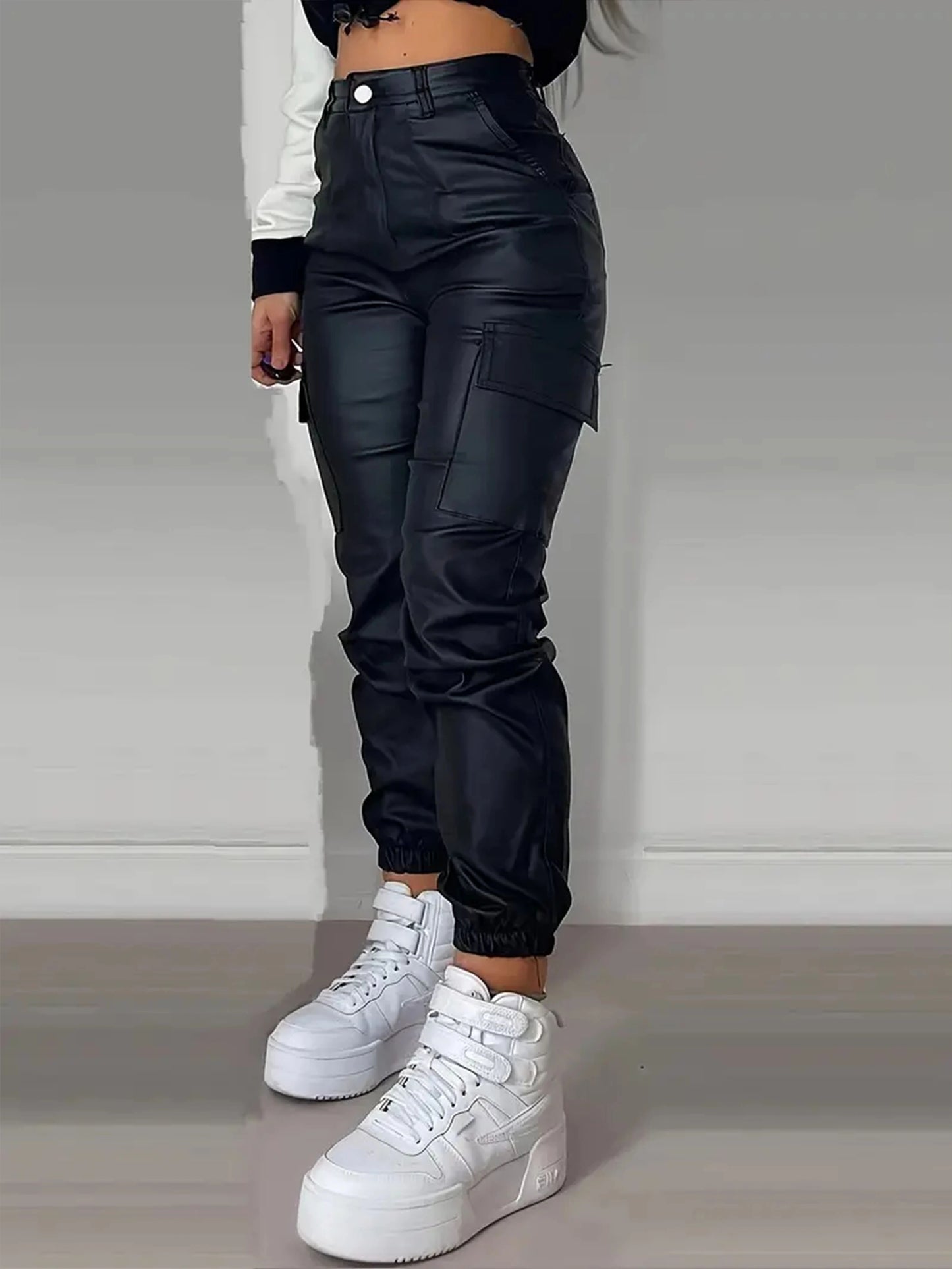 Women's Stretchy Black Cargo Denim Jeans - High-Rise, Multi-Pocket Design, Street Style, Glossy Finish, Comfort Fit for All Seasons, Versatile Denim | Highrise Cargo Jeans | Polyamide Fabric