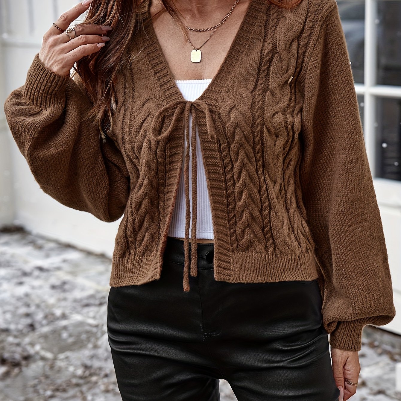 Long Sleeve Solid Color Polyester Cardigan - Elegant Casual Knit Sweater with V-Neck, Tassel Detail, and Drawstring for All Seasons