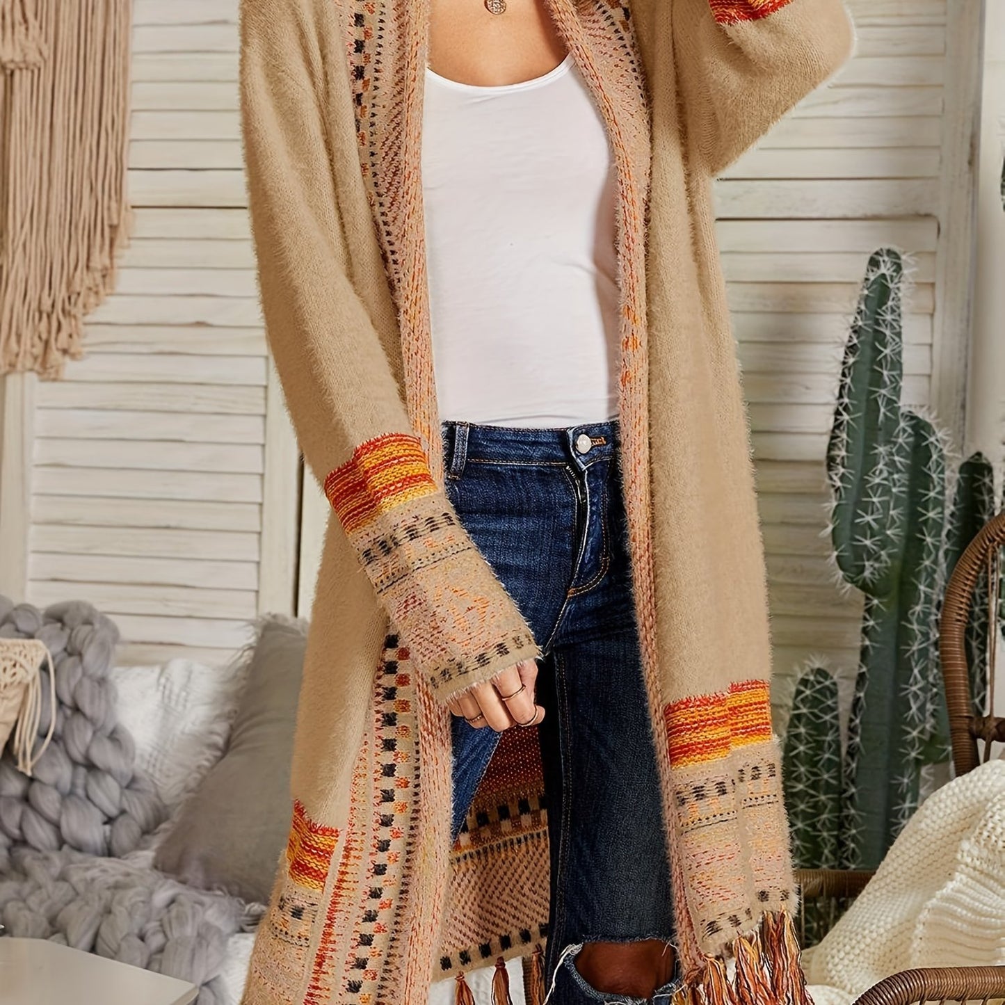 Women Boho Cardigan Sweater Long Open Front Maxi Knit Sweaters Aztec Tribal Tassel Fringe Thin Coat