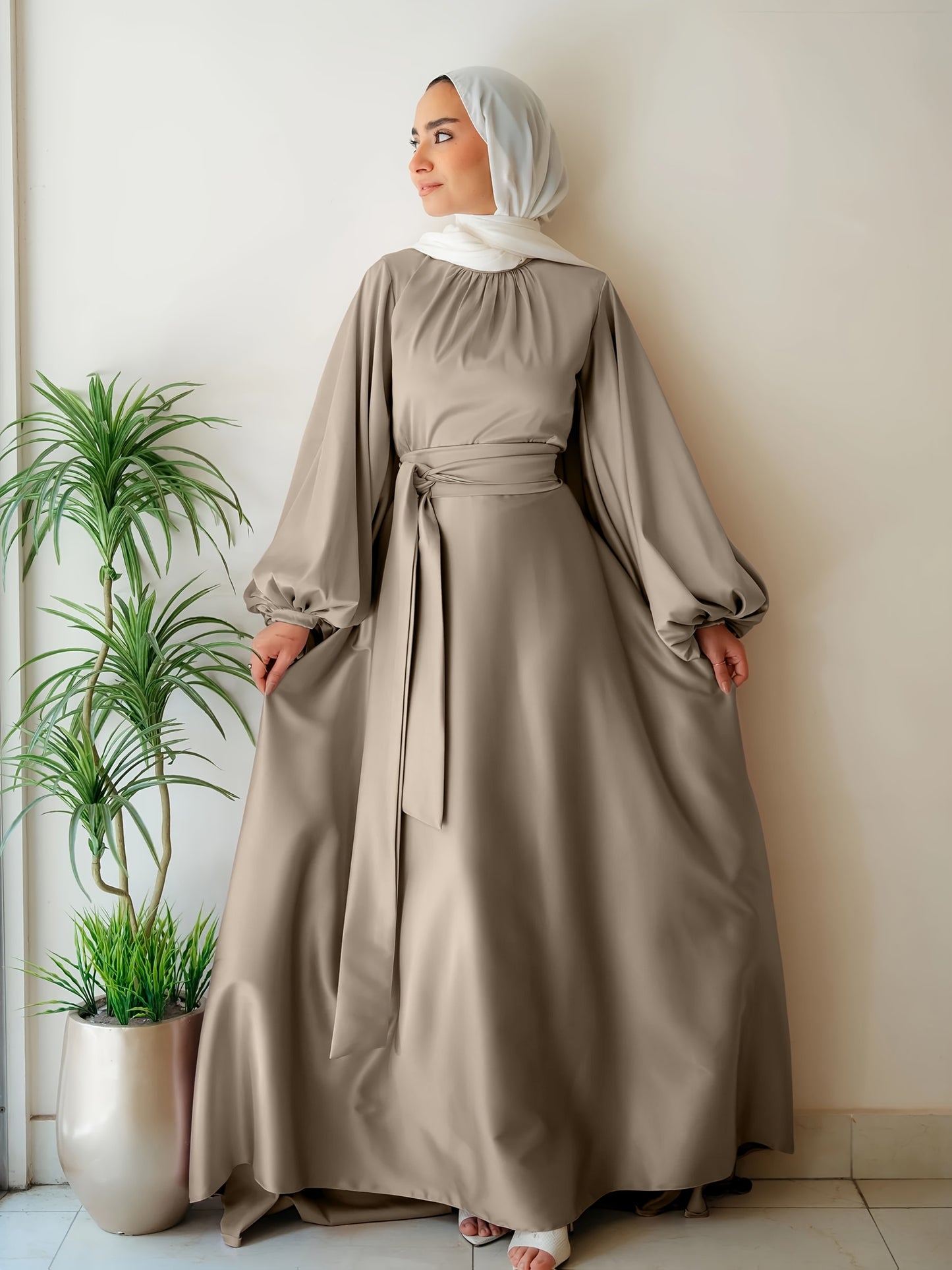 Elegant Satin Abaya with Lantern Sleeves and Belt - Long, Flowing Maxi Dress for Women, Perfect for Festivals and Special Occasions, Festival Attire|Sleek Fitted Design|Polyester Fabric