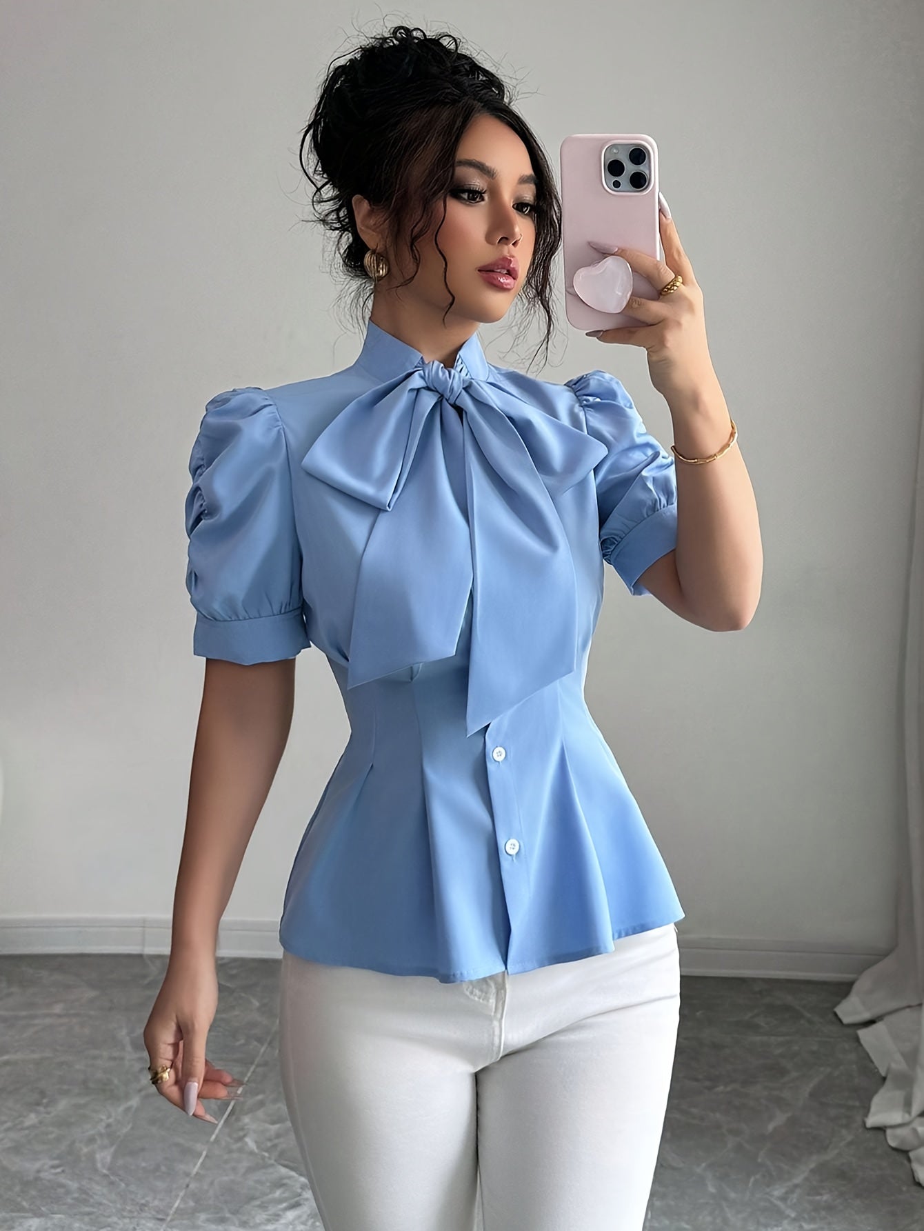 Women's Elegant Bowknot Waist Fold Blouse - Light Blue A-Line Smock Shirt with Puffed Sleeves, Structured Collar & Ruffled Trim, Machine Washable Solid Color Top for Spring Summer Fall Casual & Formal Outfits, Non-Stretch Fab