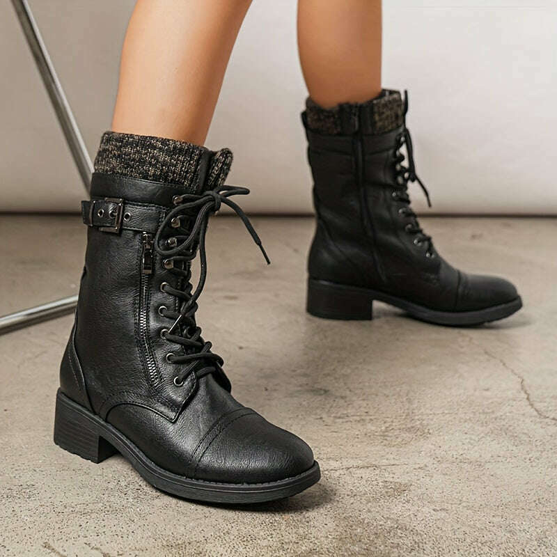 Women's Winter Lace Up Mid Calf Combat Riding Boots