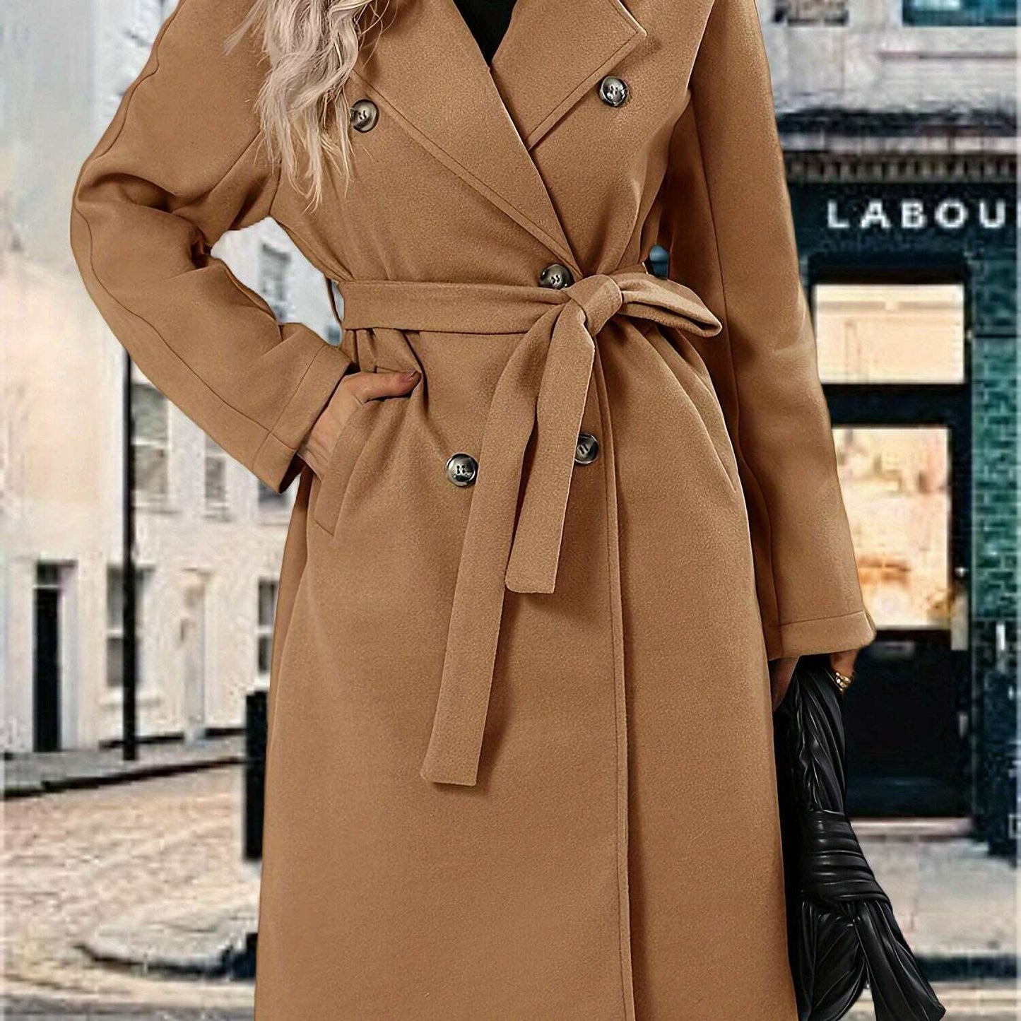 Women's Pea Coat with Lapel Collar and Belted Pockets