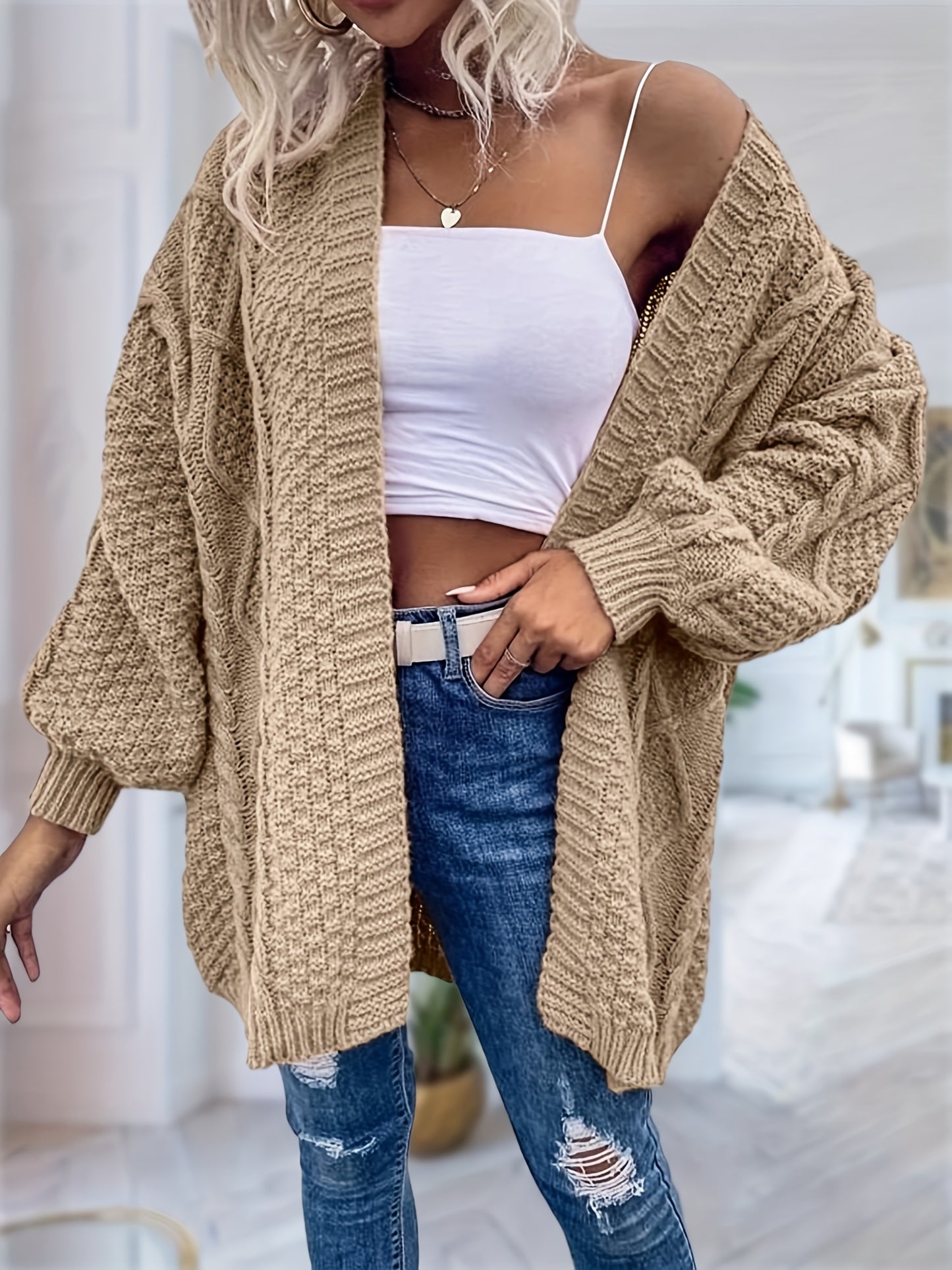 Women's Oversized Chunky Cable Cardigan Sweater Coat - Soft Pink Open Front Long Sleeve Winter Coat with Button-Free Closure, Cozy Fall & Winter Sweater for Casual Semi-Formal Outfits
