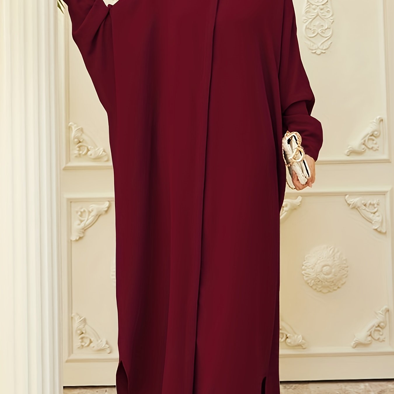 Ramadan Modest Batwing Sleeve Kaftan Dress - Solid Black Loose Fit Maxi Dress with Slit Hem & Button Front, Non-Stretch Fabric for Women, All-Season Versatile Abaya